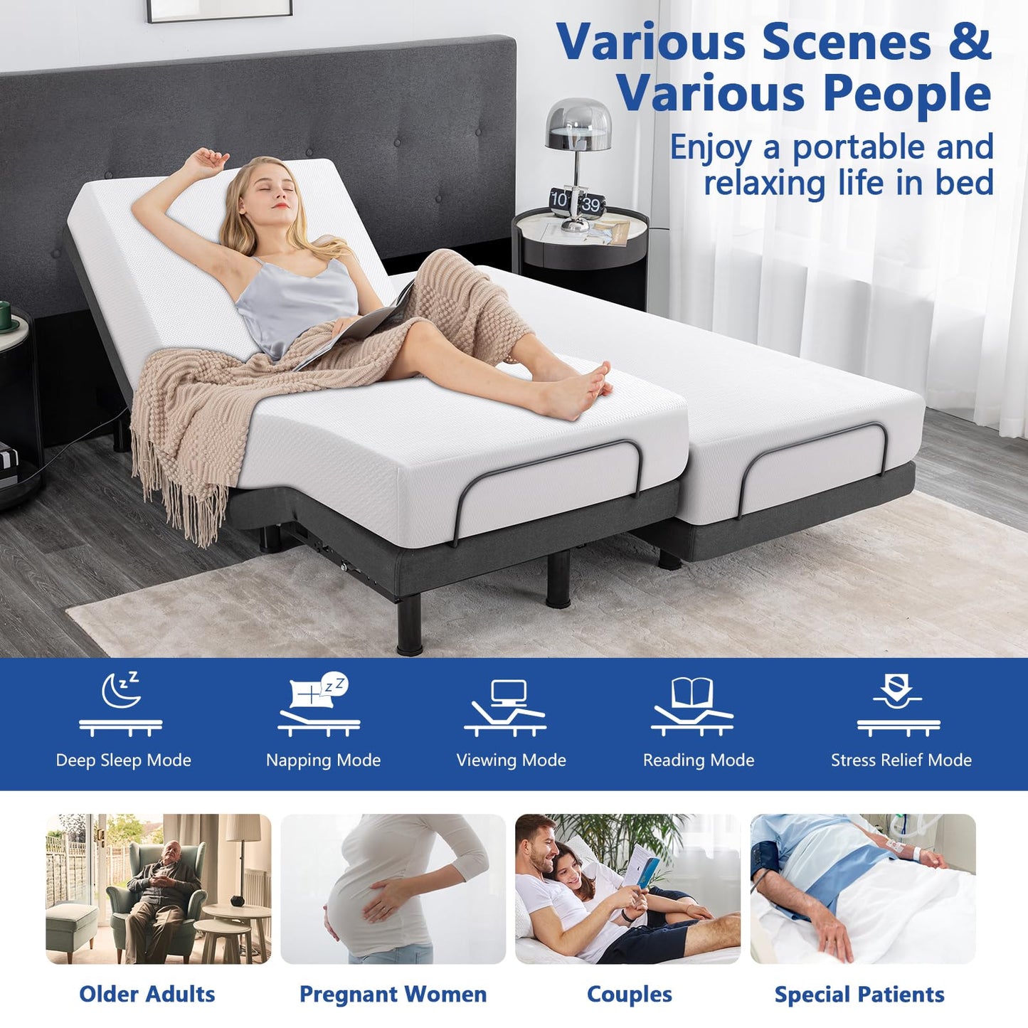 Vipbear Full Adjustable Bed Frame with Massage,Bed Base with Thickened Frame,Voice Control, Wireless Remote, Head and Foot Lift, Anti-Snore/0 Gravity, Under-Bed Light, Electric Beds