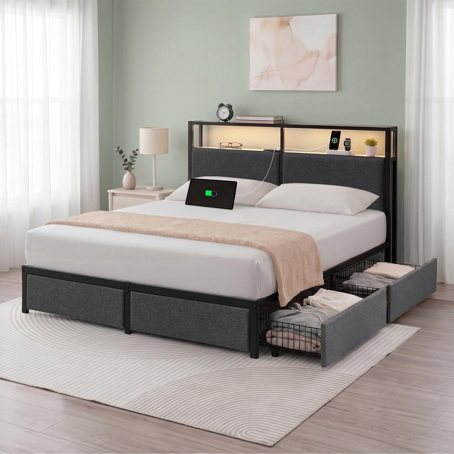 Zinus Michael Upholstered Platform Bed Frame, Space-Saving Two-Tier Headboard Storage and Four Underbed Drawers, Mood Setting RGB LED Lights, Built-in USB Charging Station, Ambient Night Light, Queen