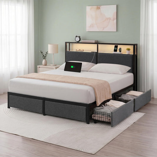 Zinus Michael Upholstered Platform Bed Frame, Space-Saving Two-Tier Headboard Storage and Four Underbed Drawers, Mood Setting RGB LED Lights, Built-in USB Charging Station, Ambient Night Light, Queen