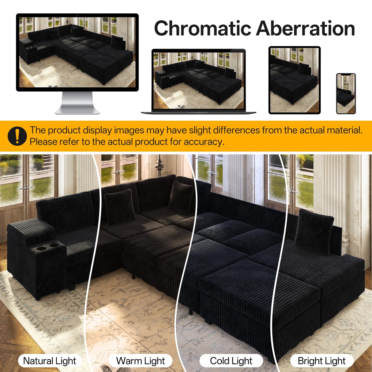 KEIKI 110" L-Shaped Oversized Plush Corduroy Modular Sectional Sofa with Pull-Out Bed, Convertible 6-Seater Sleeper Couch Bed with 1 Ottomans & USB & Cup Holders, Easy Assembly, for Living Room, Black