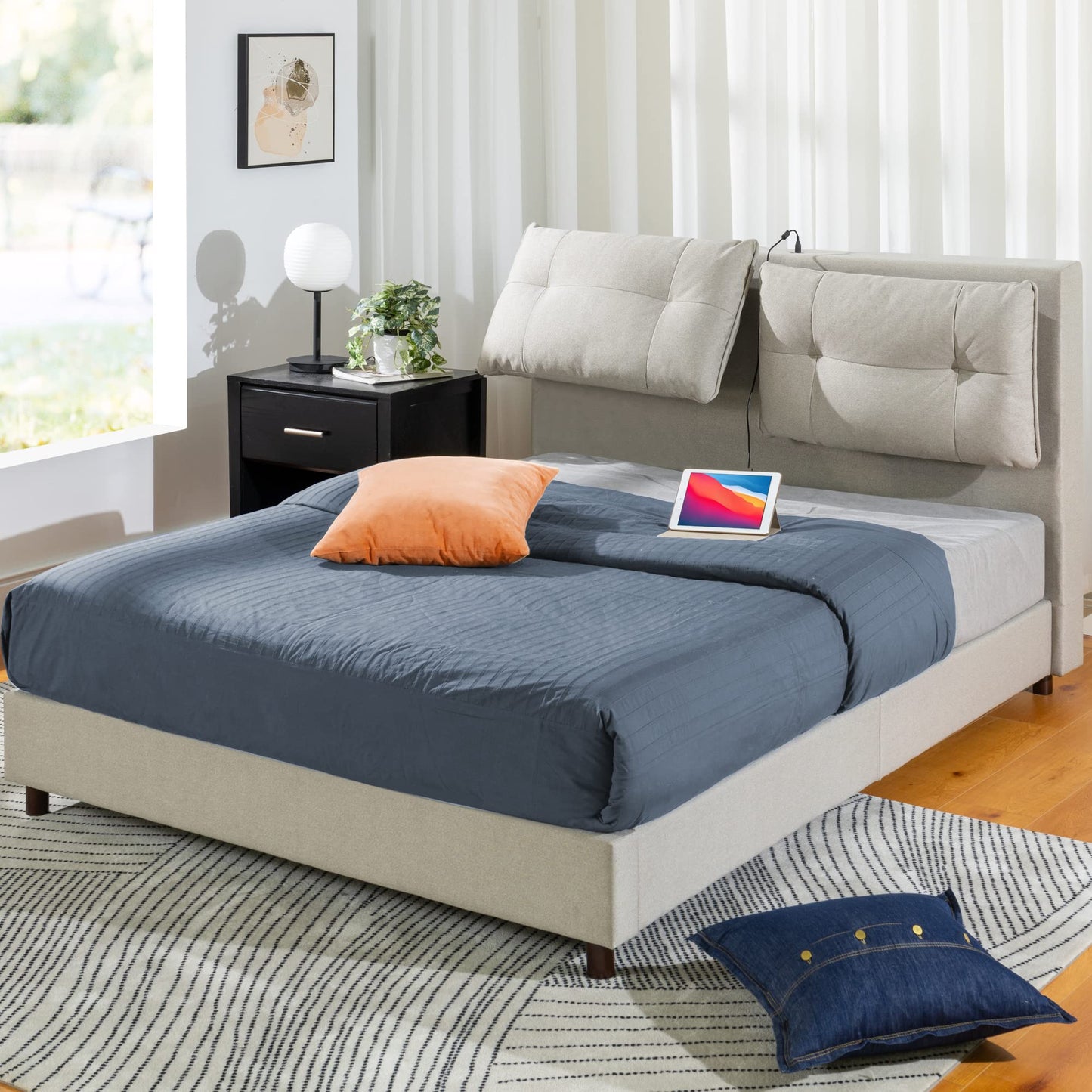 ZINUS Avery Platform Bed with Reclining Headboard and USB Ports, No Box Spring Needed, Cushioned Adjustable Headboard with Customizable Height, Easy Assembly, Beige, Queen