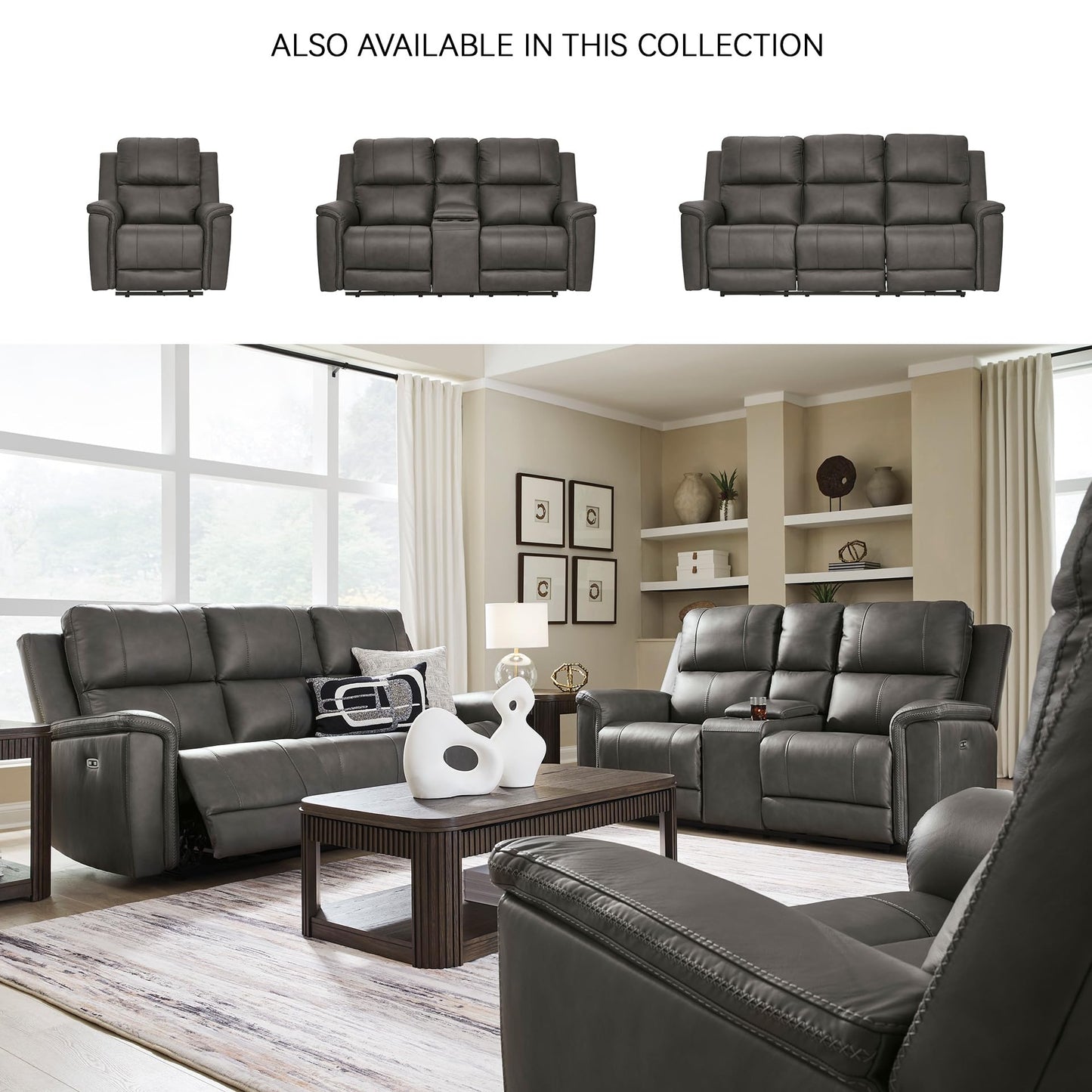 Signature Design by Ashley Burnley Contemporary Leather Match Power Reclining Sofa with Adjustable Headrest and USB Charging Port, Gray