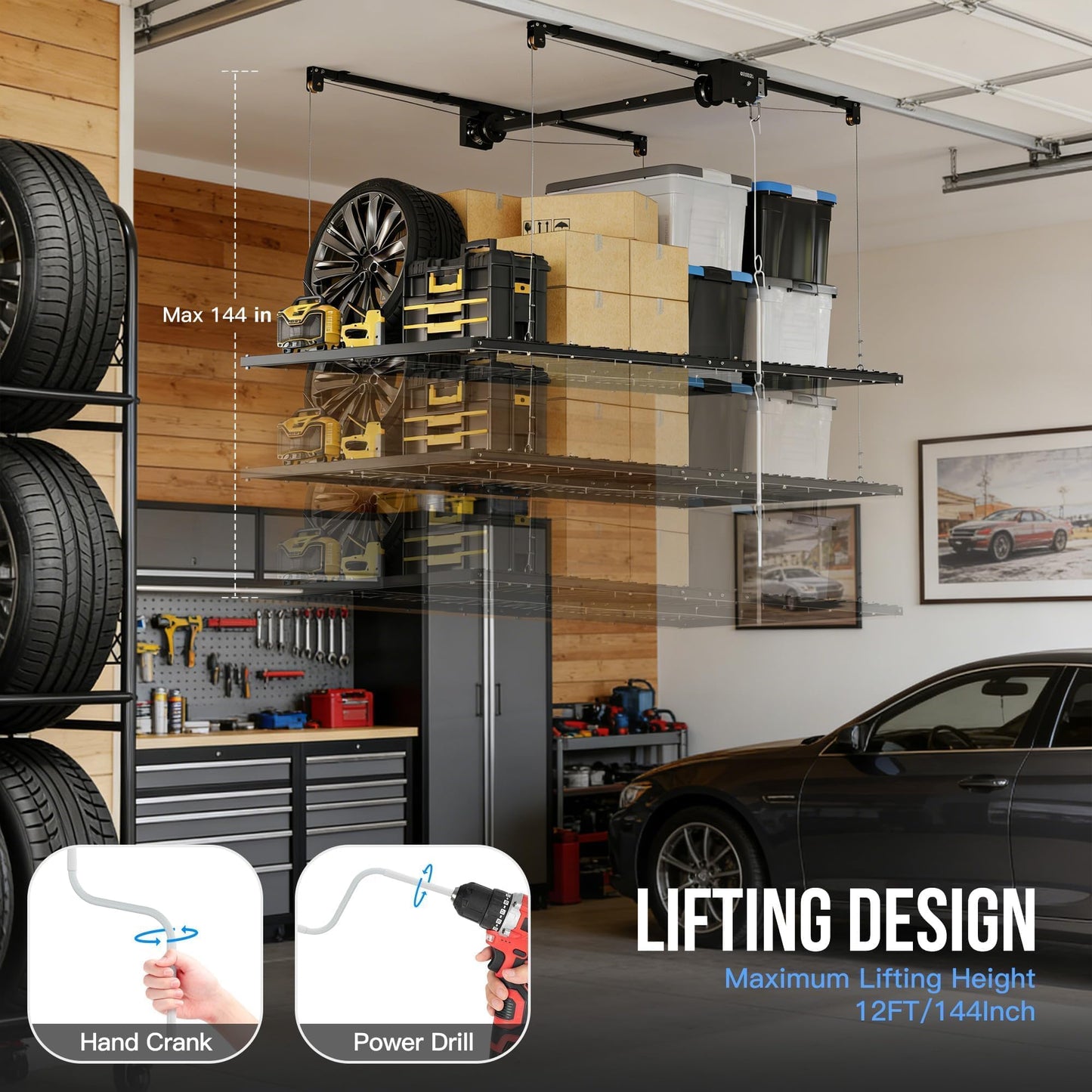 Garvee Overhead Garage Storage Rack Lift, 4x8 ft Ceiling Mounted Storage Racks, 12FT Max Adjustable Height, 800lbs Weight Capacity, Heavy-Duty Metal Ceiling Rack for Organization