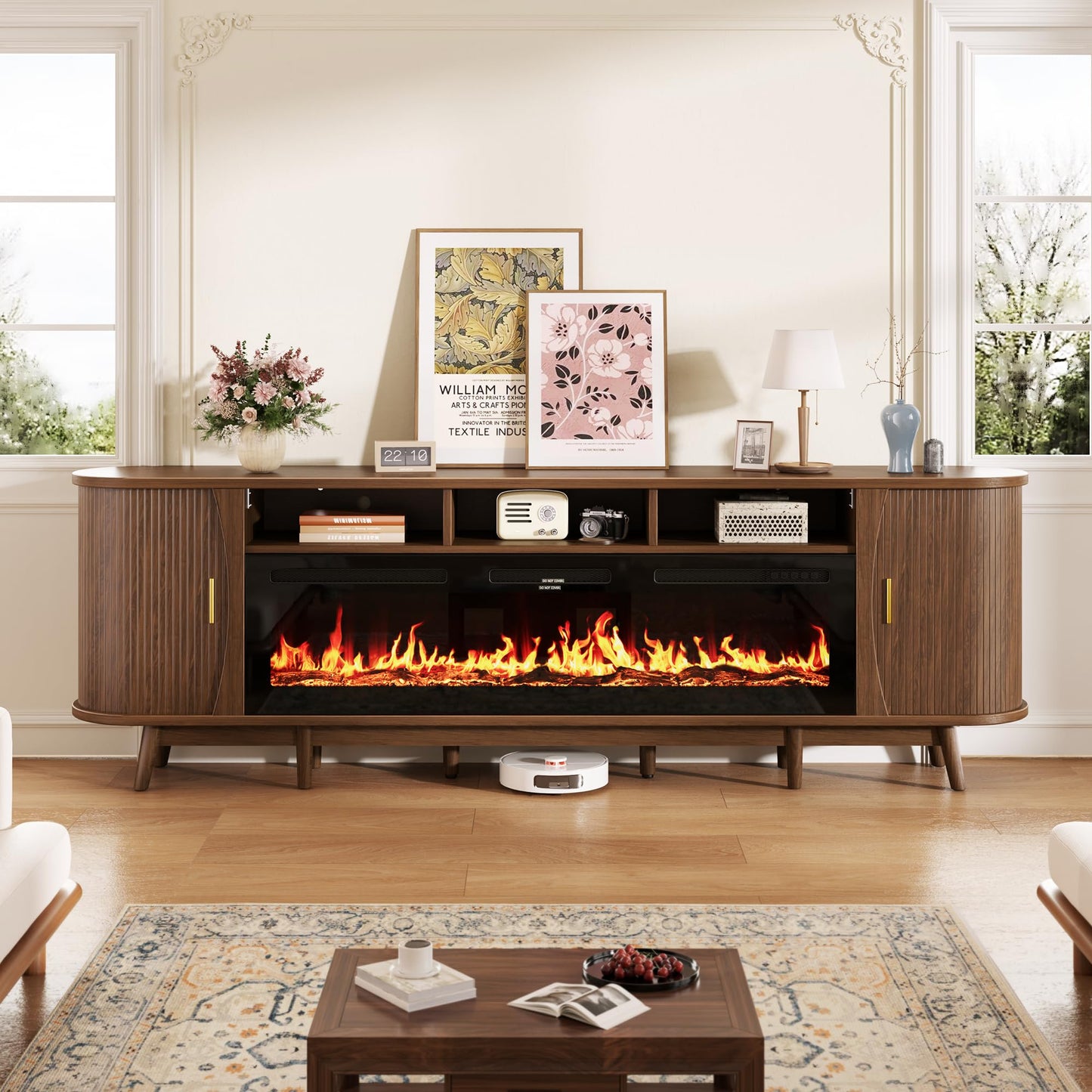 OneBlis 97" Fireplace TV Stand for 100" TV, Mid Century Modern Entertainment Center with 60" Electric Fireplace, Media Console with Sliding Doors & Adjustable Shelves for Living Room, Walnut