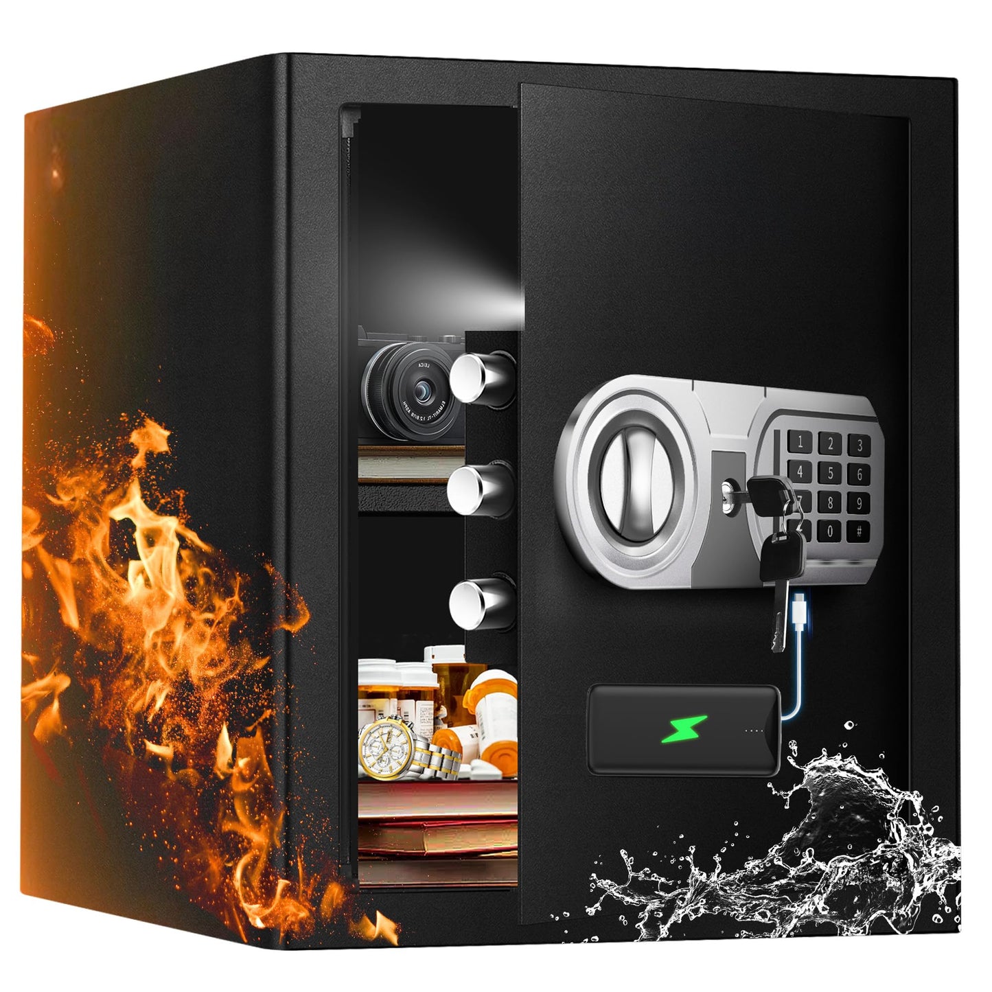 VaultHex Secure Home Safe with Alarm, USB-C Power & Quiet Access - 2.0 CuFt Mid-Size Cabinet Safe for Bedroom or Office, Motion Light, Keypad & Shelf