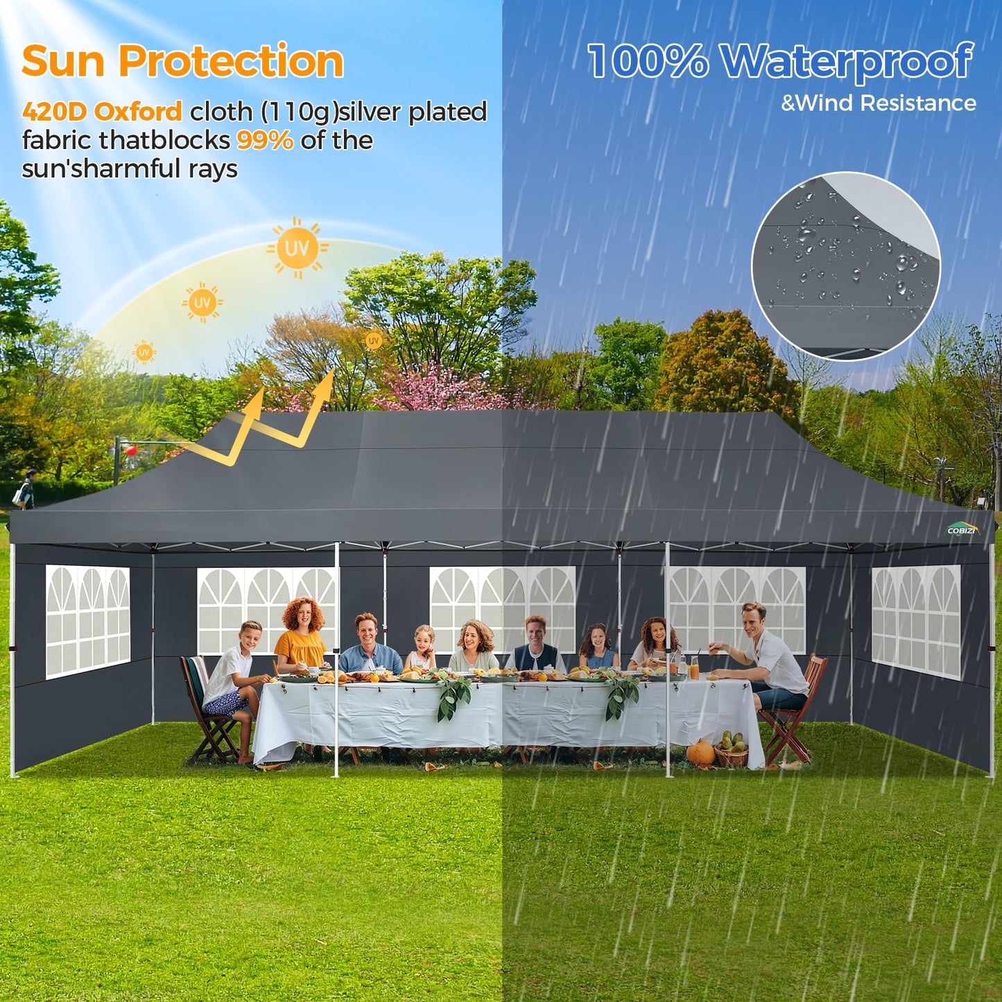 COBIZI 10x30 Pop up Canopy with Roller Bag & 8 Removable Sidewalls, Canopy Tent for Parties, Wedding, and Commercials, Waterproof and Instant Shelter UV50+ Outdoor Gazebo with 4 Sandbags(Gray)