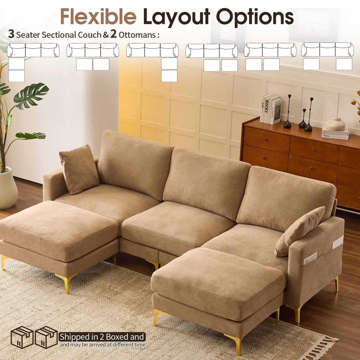 VINGLI 100" W U Shaped Couch with Ottoman, 22" Deep Seat Comfortable Sectional Couches for Living Room, 3 Seater Chenille Fabric Cloud Sofa for Apartment, Small Spaces, Bedroom, Khaki