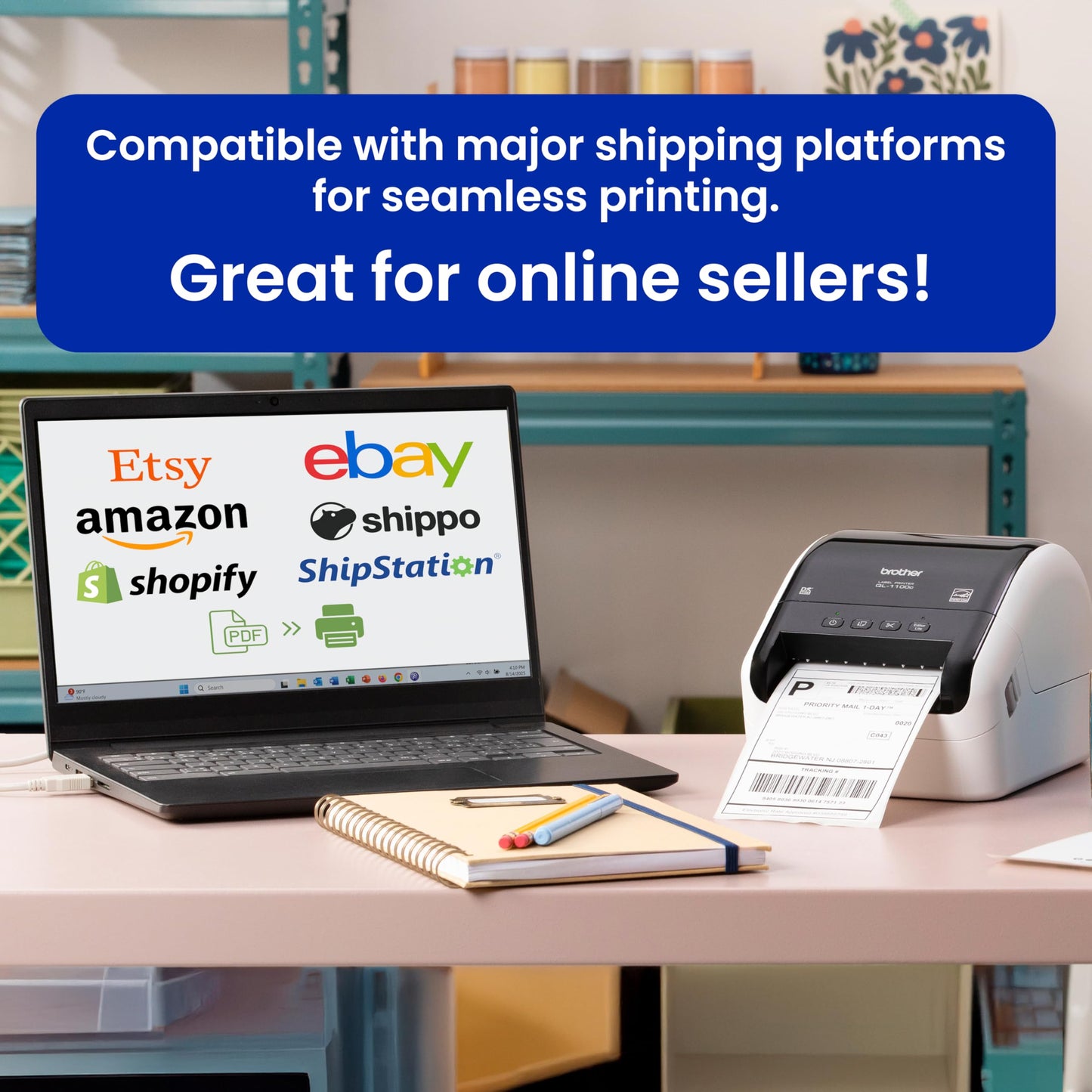 Brother QL-1100c Bundle, Wide Format Label Printer, Prints Postage Labels, Barcode & QR Code, USB Connectivity, Plus 4 Rolls of Genuine DK Label Tapes DK-1247 4.07” x 6.4” Die-Cut Shipping Labels