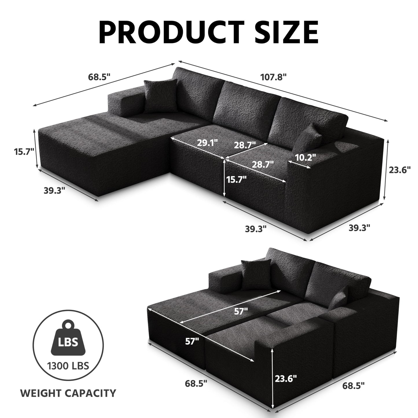 108" Cloud Modular Sectional Couch with L-Shape Chaise, Modern Sectional Sofa with Deep Seat Couch, Ultra Soft Knit Fabric Couches for Living Room, No Assembly Required, Left Facing Chaise (Black)