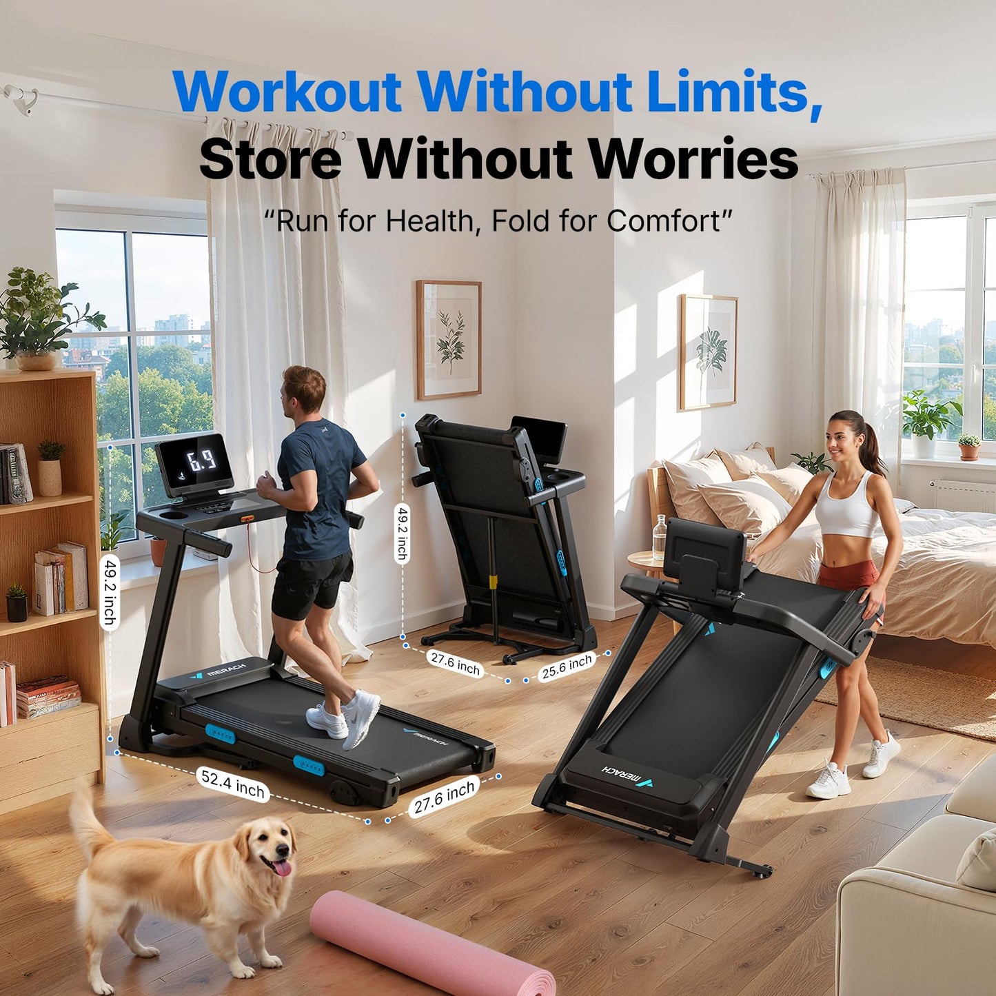MERACH Treadmills for Home with Incline 0%-15%, 300 LBS Capacity Double Deck Foldable Treadmill with Incline, 0.5-7.5MPH Quiet 2.5HP Brushless Incline Treadmill LED Display with Smart APP