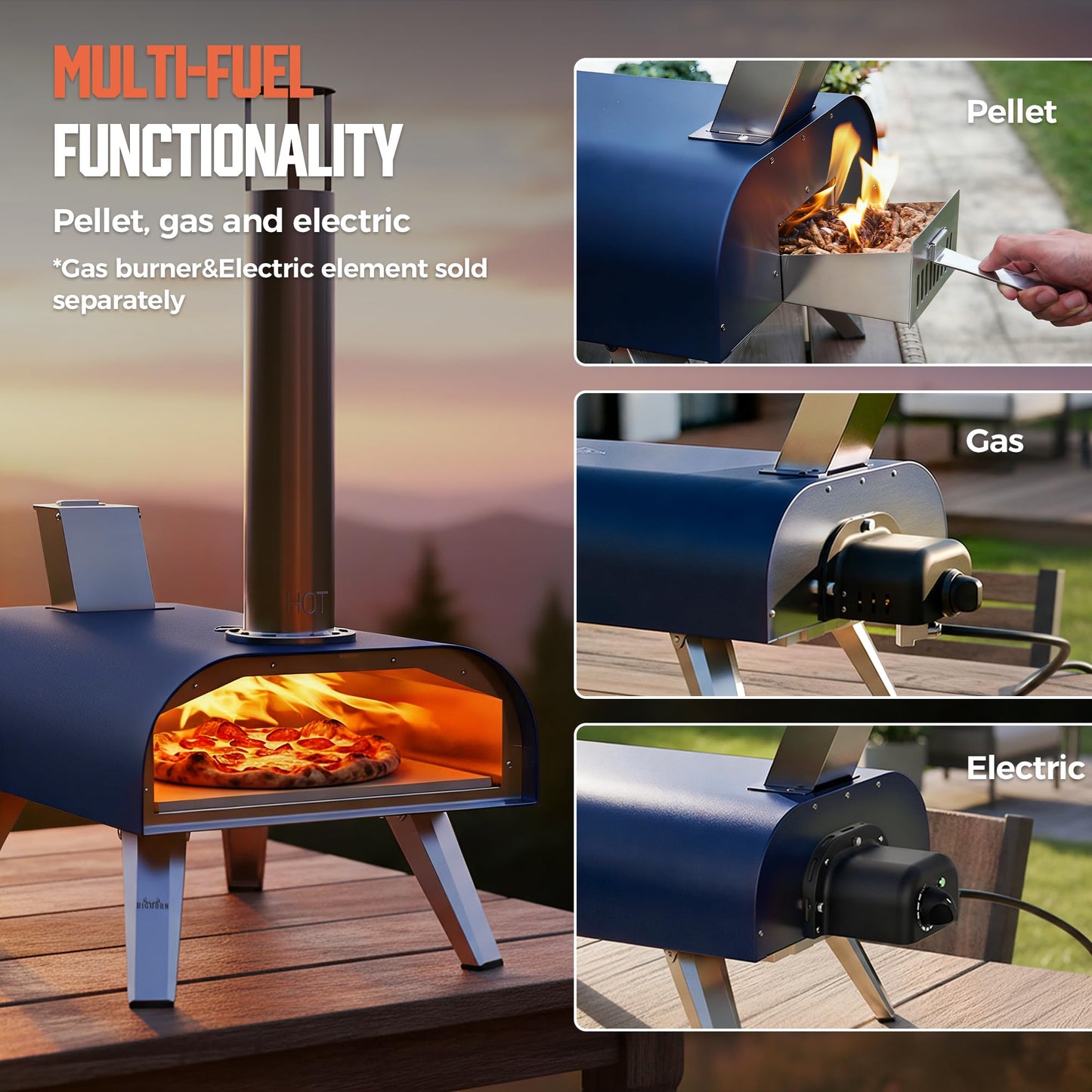 BIG HORN 12" Multi-Fuel Outdoor Pizza Oven Reach up to 1110℉– 3-in-1 Wood,Gas &Electric Compatible(Burners Sold Separately),Pellet Pizza Oven Portable Pizza Maker for Backyard, Camping&Tailgating,Blue