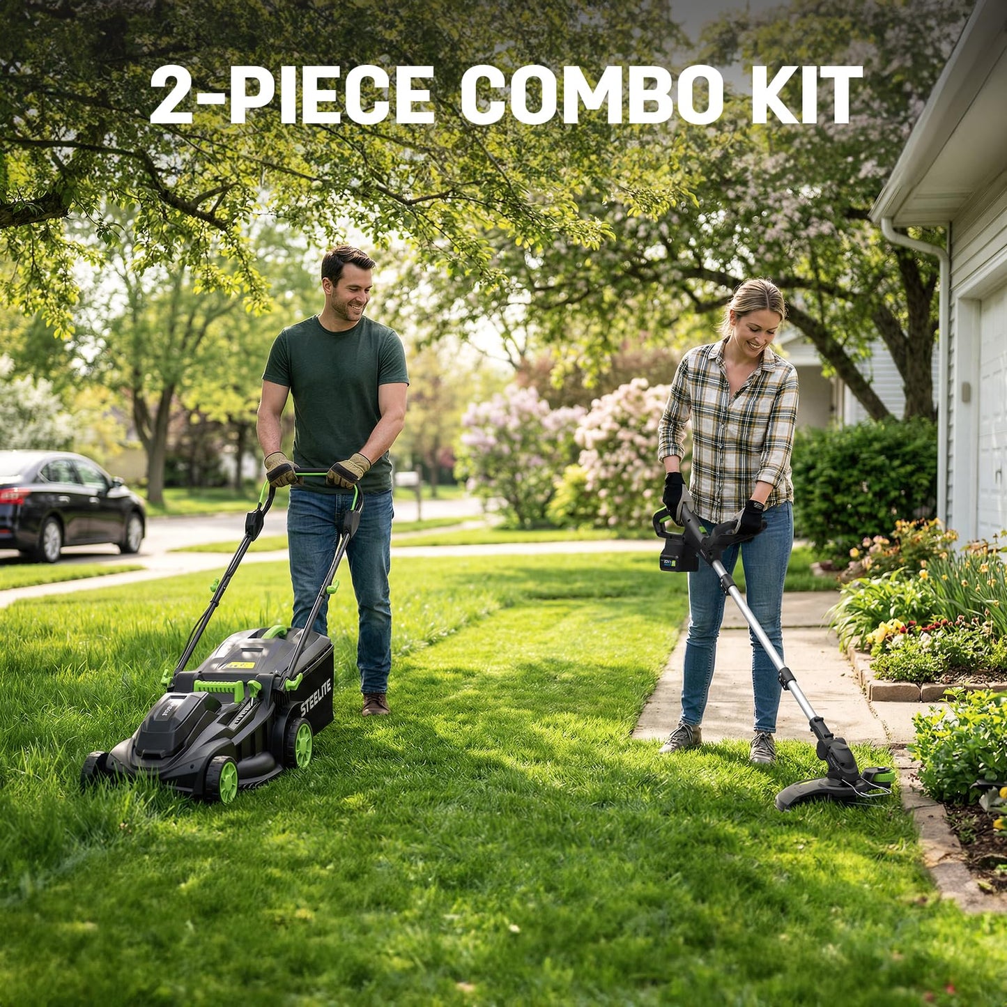 STEELITE 40V 17" Electric Lawn Mower & 12" String Trimmer Combo Set, Yard Care Kit with 2x4.0Ah Batteries & Dual Chargers