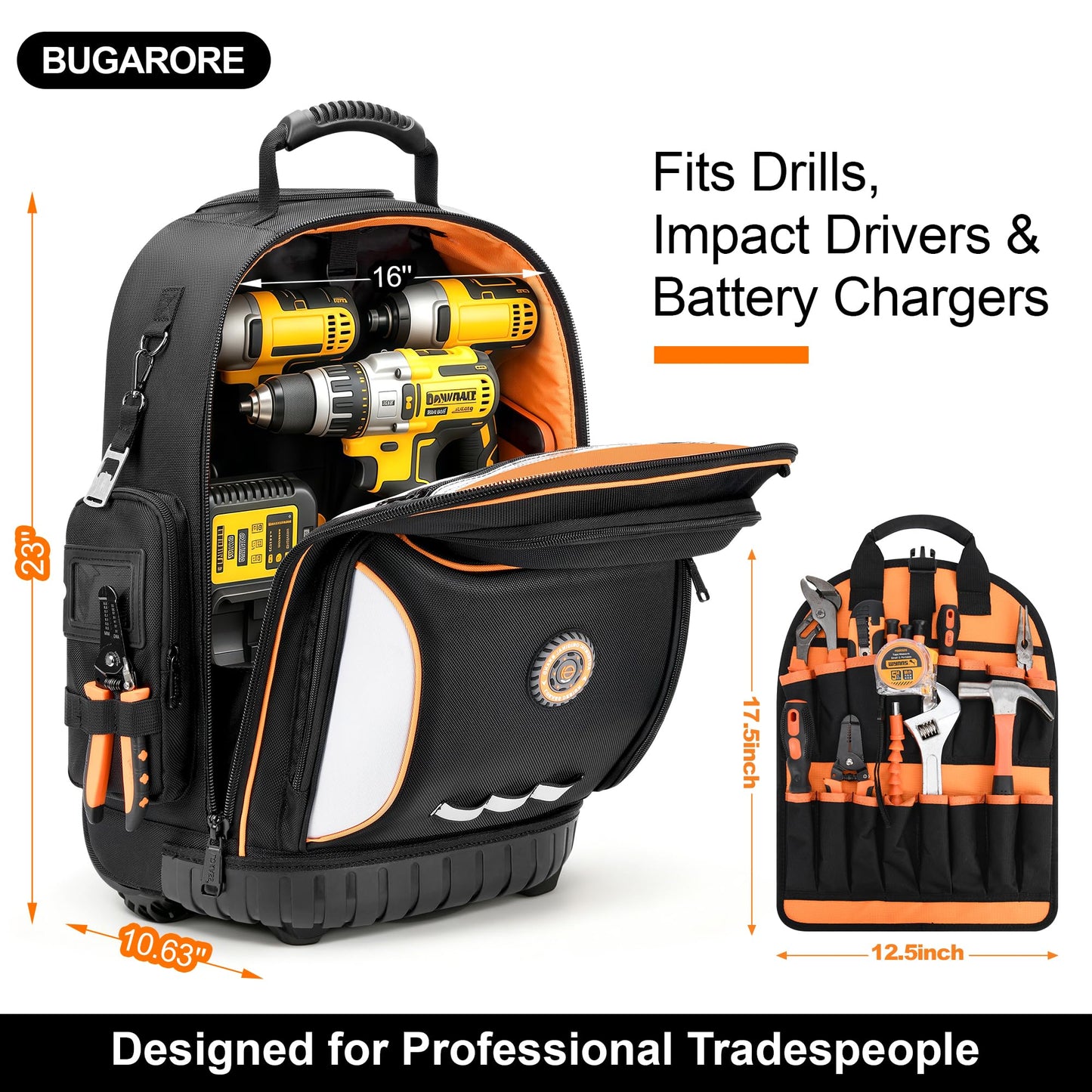 BUGARORE 16" Rolling Tool Backpack with Wheels, 75 Pockets Electrician Tool Bag for Construction HVAC, 1680D Waterproof, Molded Base & Combination Lock