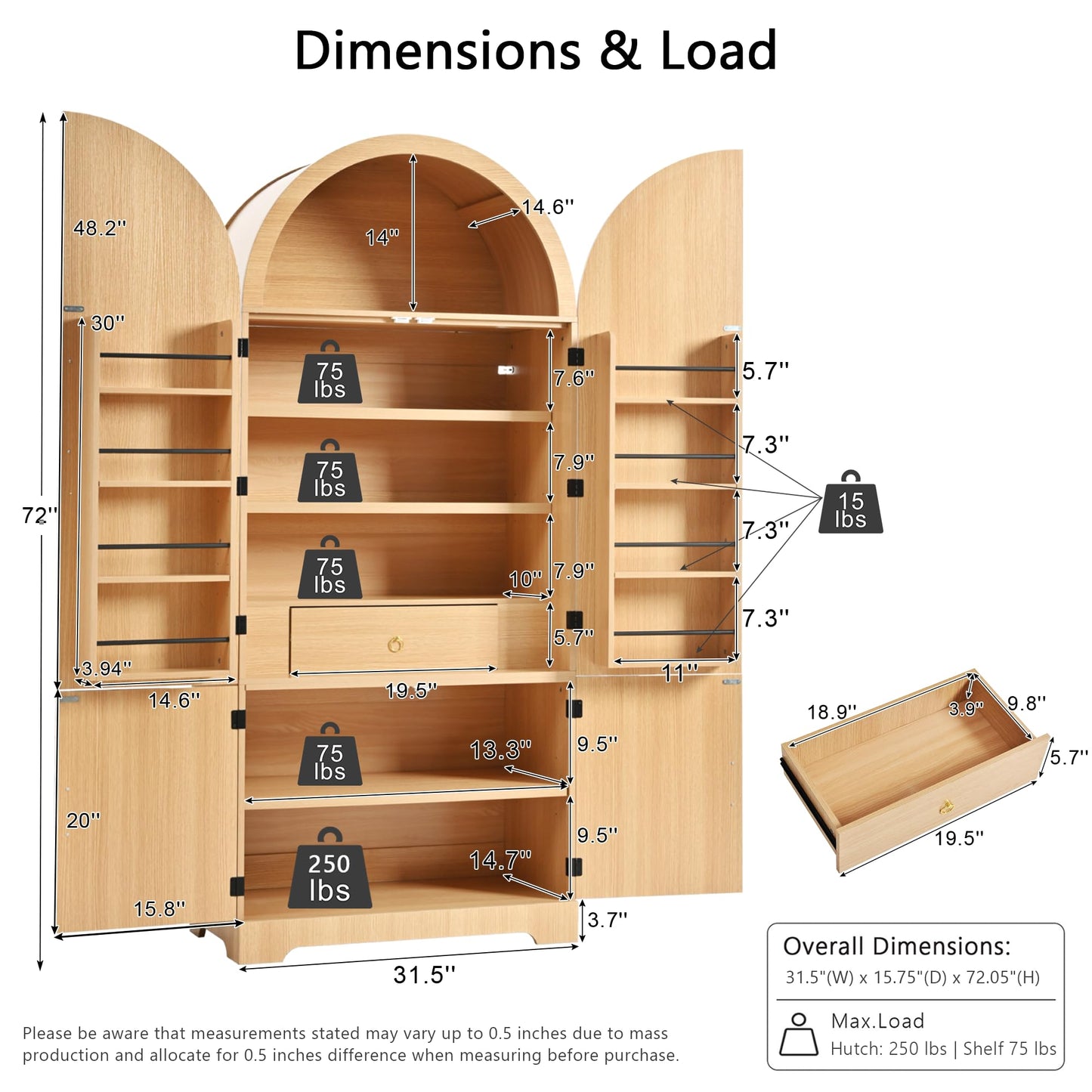 Merax 72" Tall Arched Cabinet Kitchen Pantry with 4 Doors, Fluted Storage Cabinets with 3 Adjustable Shelves & 1 Hidden Drawer & 8 Door Shelves, Versatile Cupboard for Kitchen, Dining Room, Natural