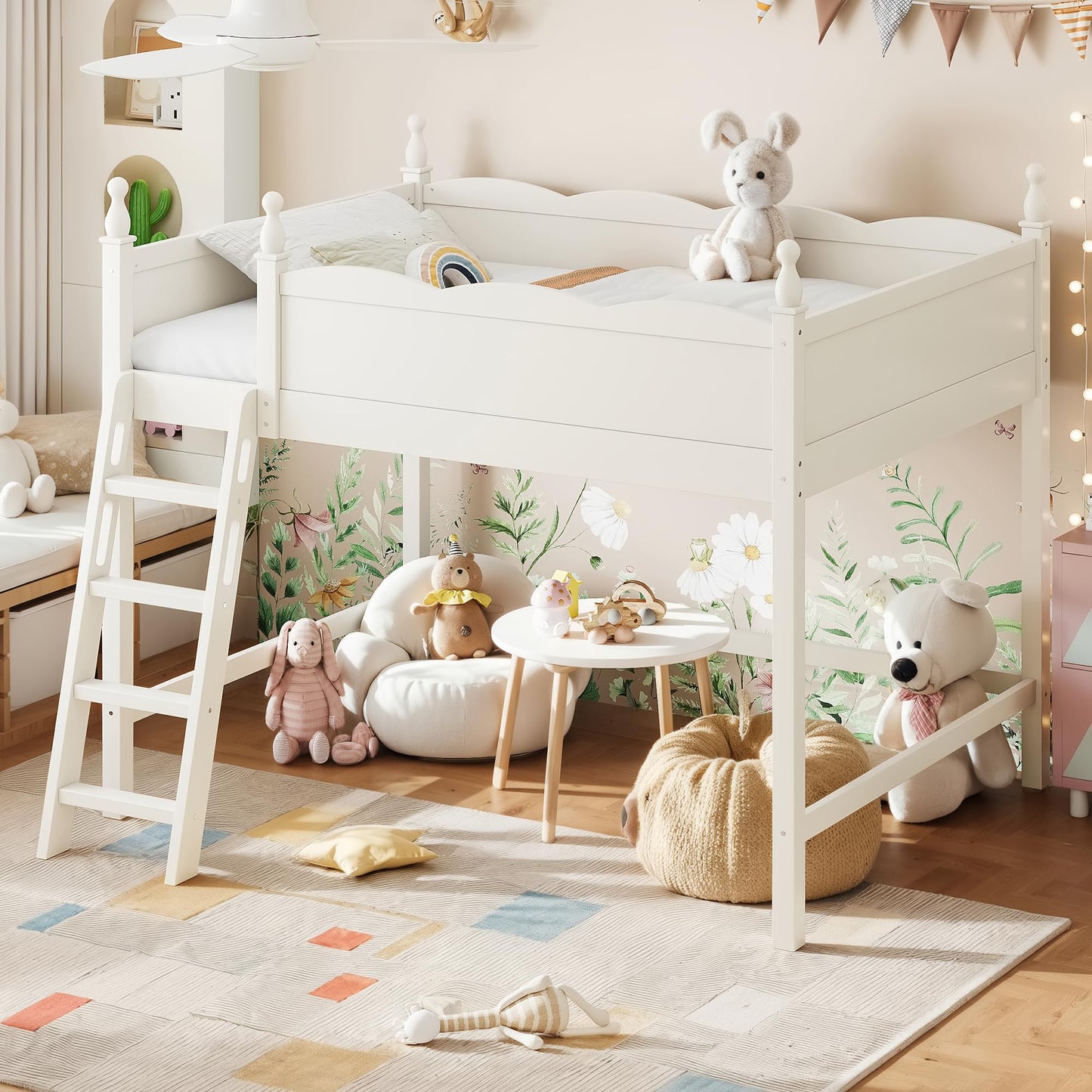 KEIKI Full Size Wood Loft Bed Frame with Built-in Ladder & Ample Under-Bed Space, Modern Loft Bed with Full-Length Guardrails & Solid Slats, No Box Spring Required, Easy Assembly, for Bedroom, Beige
