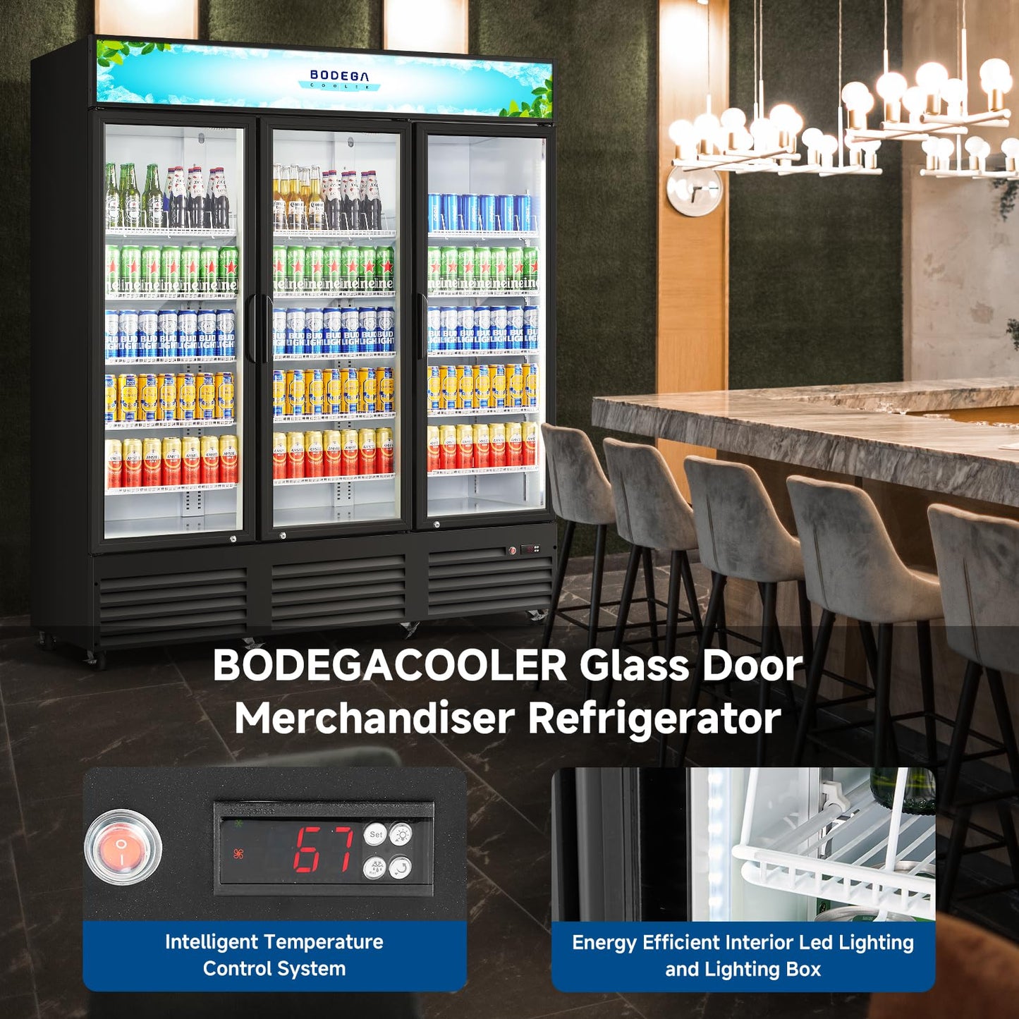 BODEGACOOLER 67.3“W 53 Cu. Ft Commercial Beverage Refrigerator,3 Glass Door Merchandiser Cooler, Display Refrigerator with LED Lighting, Adjustable Shelves, Temperature Control, Heavy-Duty Casters