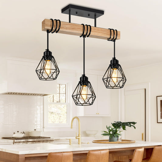 Feanron Pendant Light Fixture, 3-Lights Rustic Wood & Metal, Black Ceiling Lamp for Dining Room, Model ZSLDD-3L