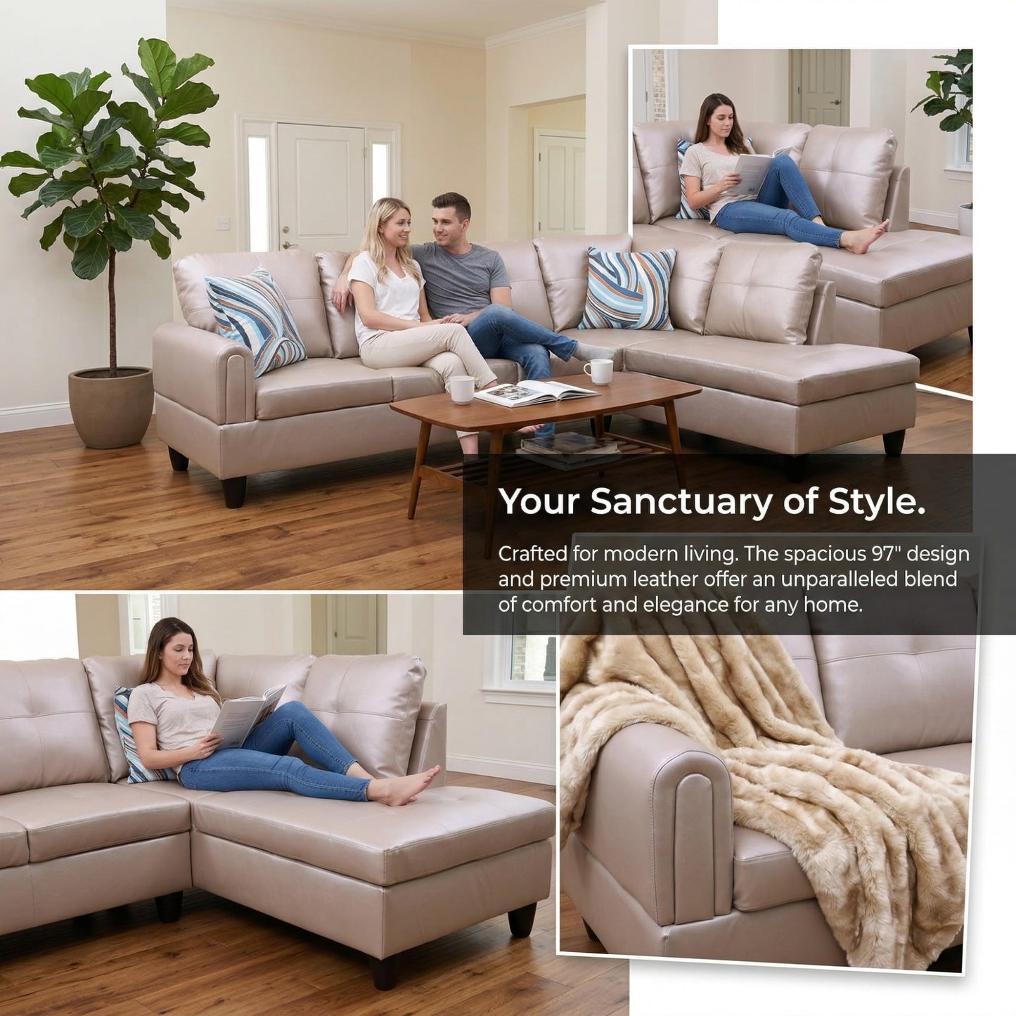 NicBex Leather Couches for Living Room, 2-Piece 97" L-Shaped Sectional Couch with Movable Chaise, Modern Sofa Living Room Set for Apartment, Office & Bedroom, Latte