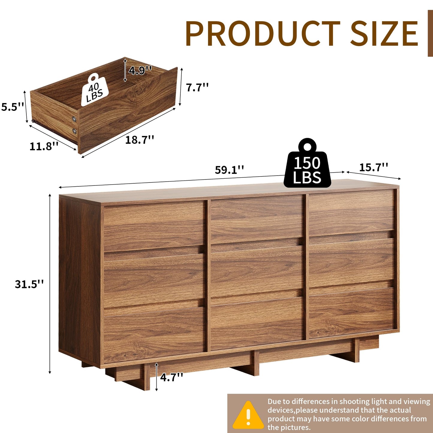 CHUWELL 59" Wide Dresser for Bedroom,Walnut Mid Century Modern Dressers with 9 Drawers, Adequate Capacity Storage,Closet Clothes Organizer for Bedroom
