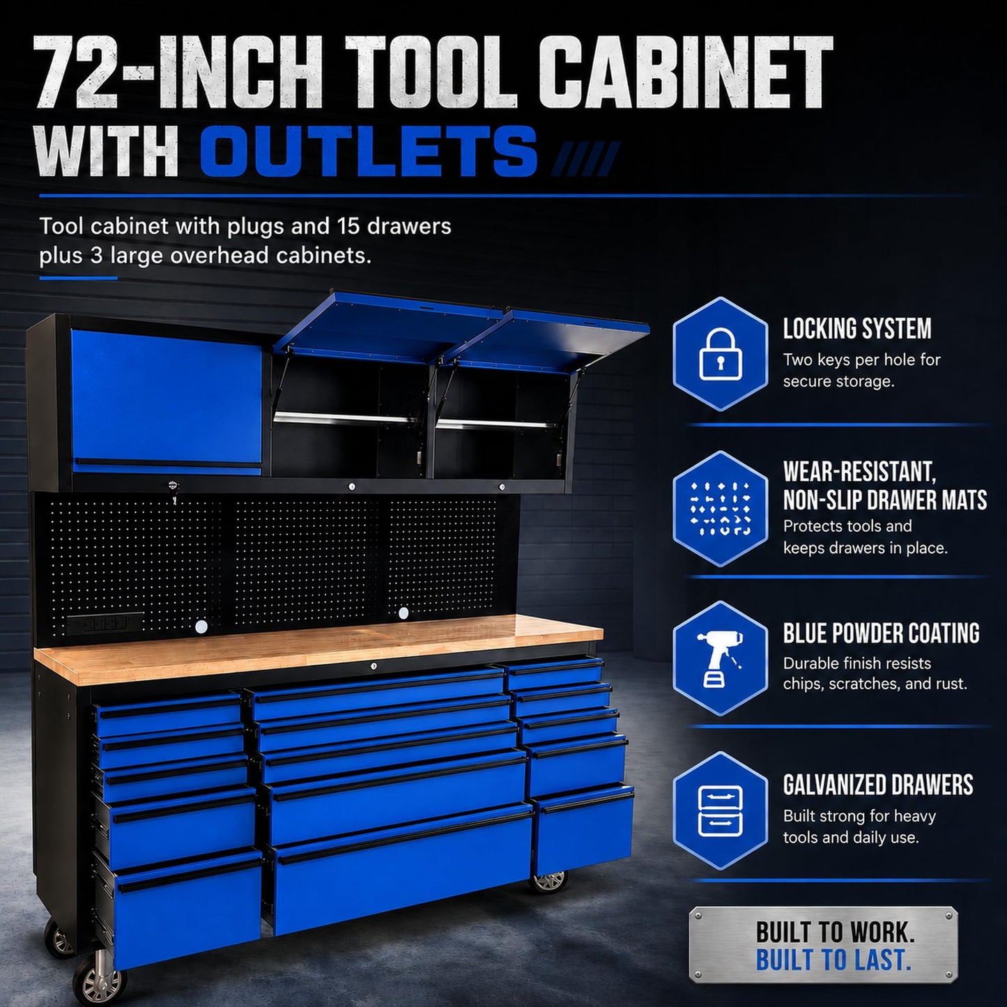 CHETTO C 72 inch Tool Chest Tool Box Mobile 15 Drawer Storage 3 Upper Cabinet Power Outlet SS-Pegboard with Wheels Lock Key Locking System Drawer Liners for Garage Warehouse Repair Shop
