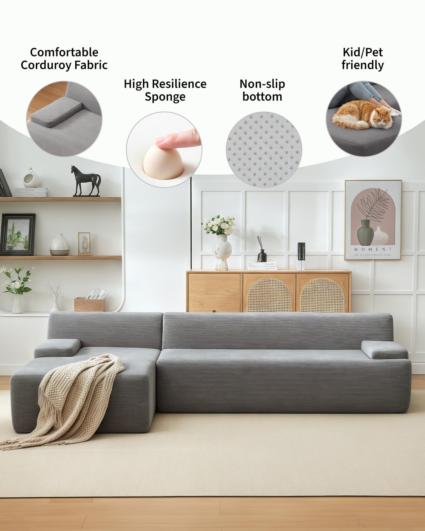 Garvee 108'' Modular Sectional Sofa, Left Facing Chaise L-Shaped Boneless Couch, Ultra Deep Seat Modern Sectional Sofa for Living Room, 5mm Wale Corduroy Fabric, Gary