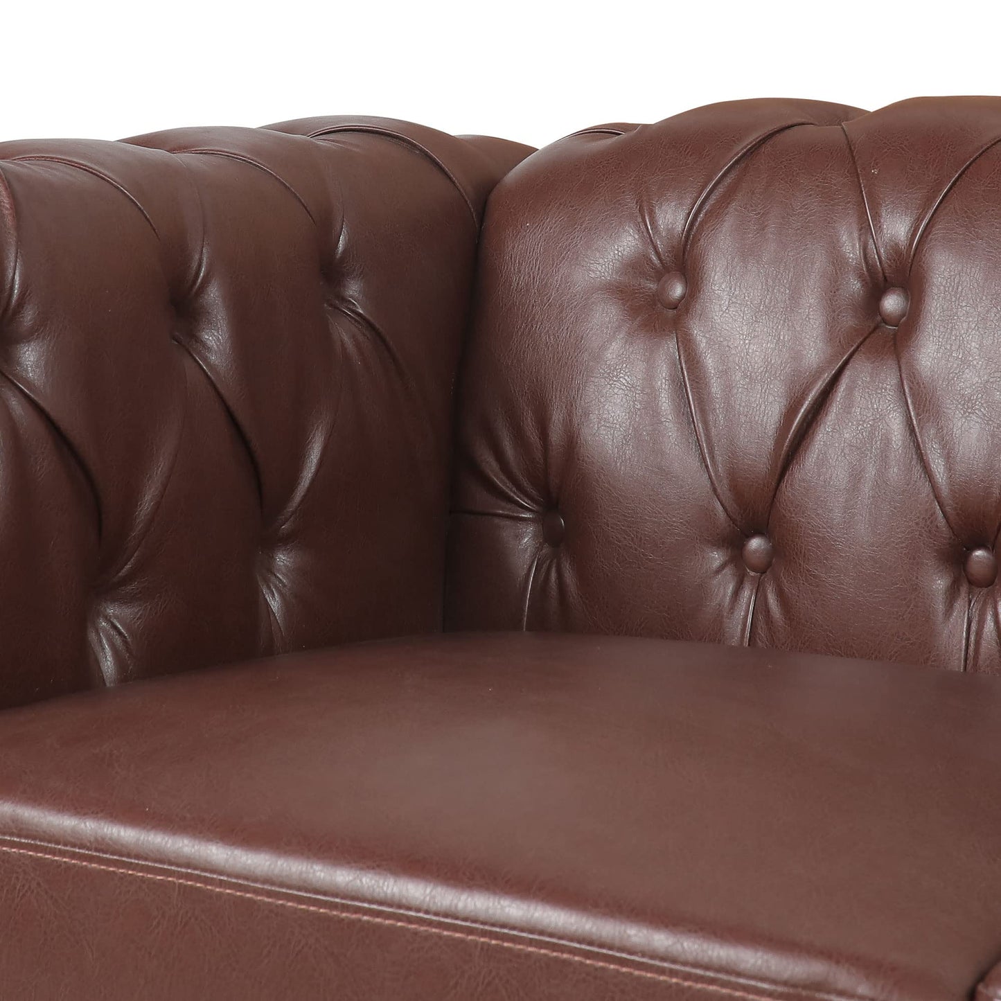 GDFStudio 84" Chesterfield Tufted Sofa Couch with Deep Seat Cushions, Rolled Arms & Gold Accent Strip, Midcentury Modern 3 Seater Upholstered PU Leather Sofa for Living Room, Dark Brown