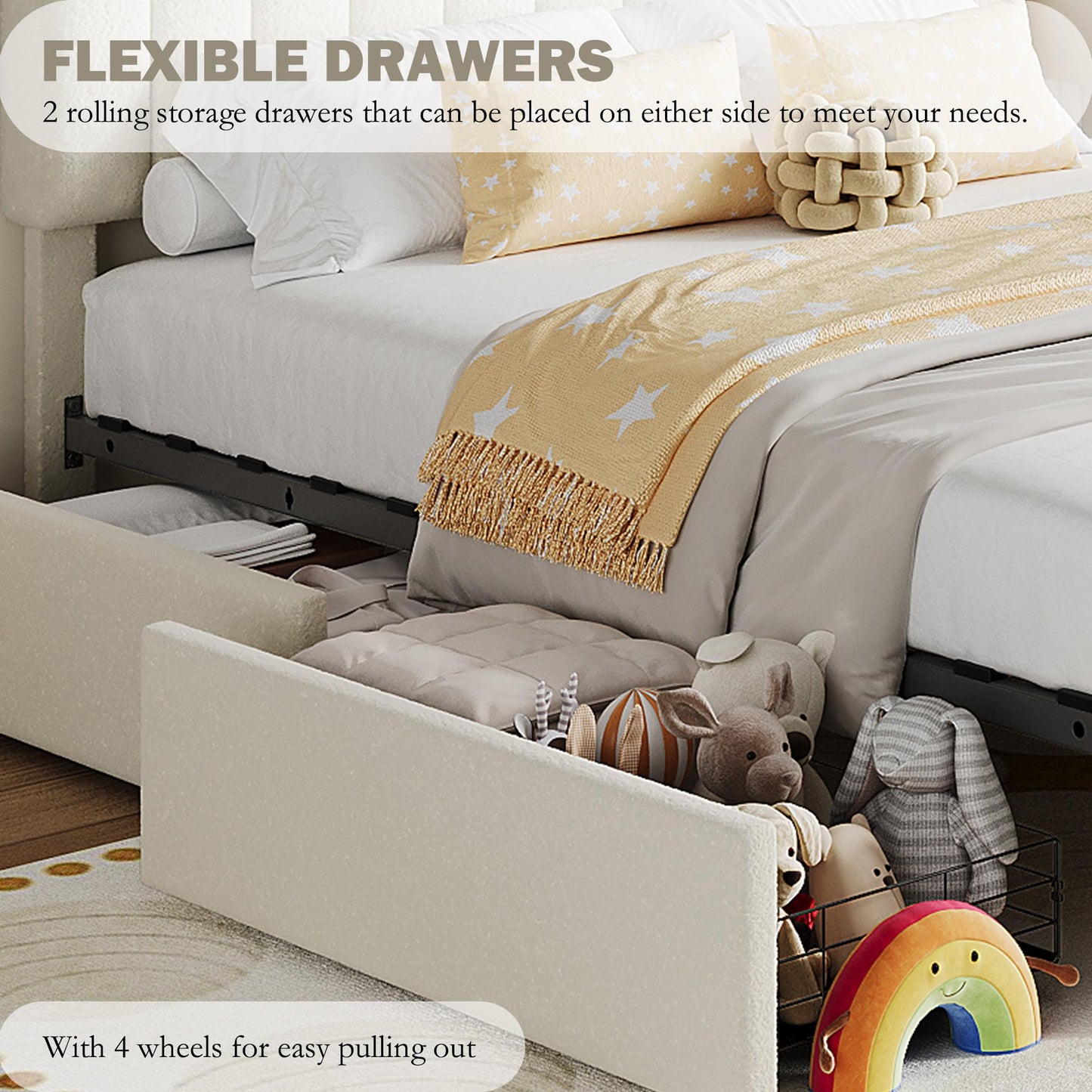 IDEALHOUSE Full Bed Frame with 2 Flexible Drawers and Bookcase Headboard, Boucle Upholstered Platform Bed for Boys/Girls, Noise-Free, Easy Assembly, No Box Spring Needed, Beige