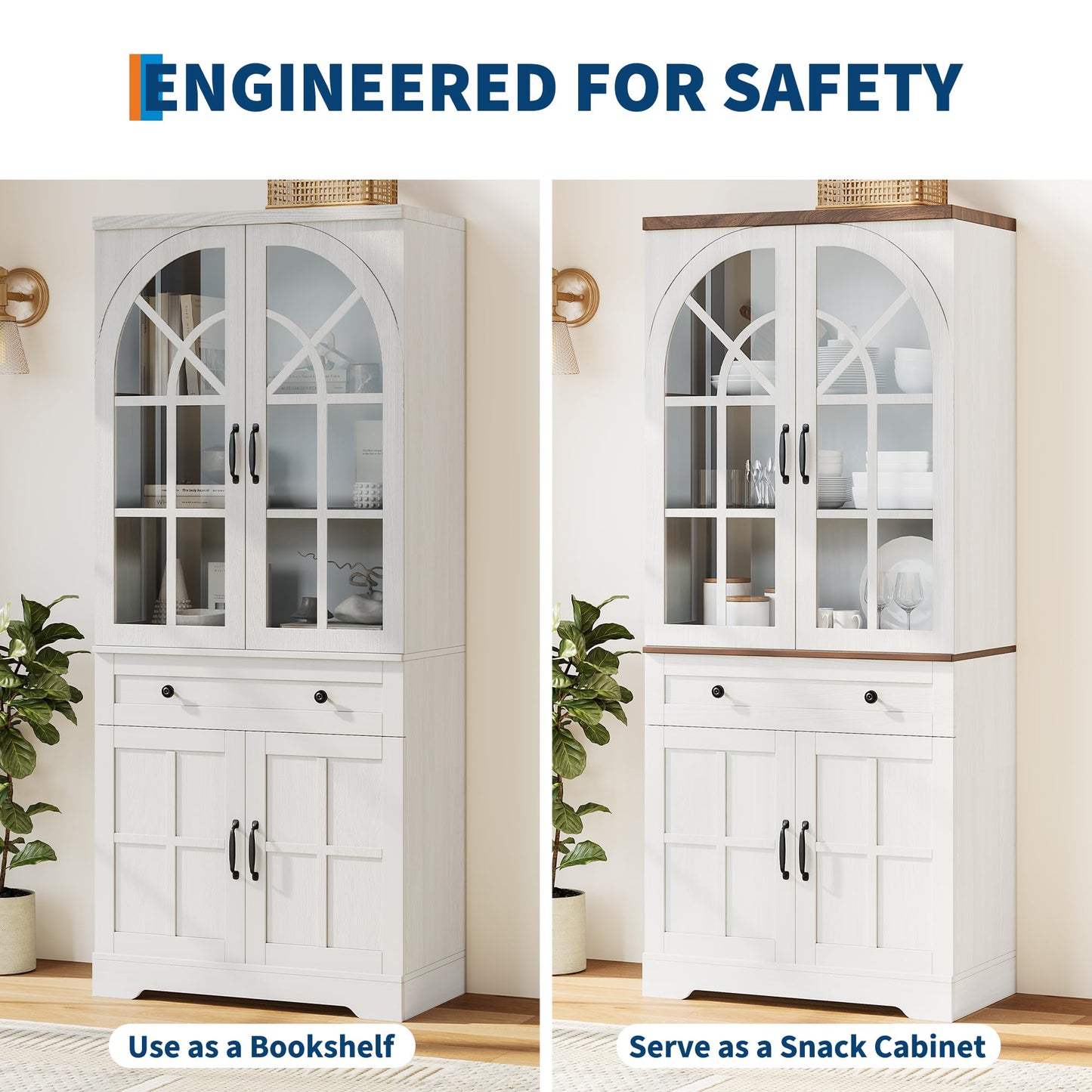 Garvee Farmhouse Pantry Cabinet, 71.9" Tall Freestanding Kitchen Cabinet with Tempered Glass Doors& Anti-Tip Design for Kitchen, Dining Room & Living Room,White