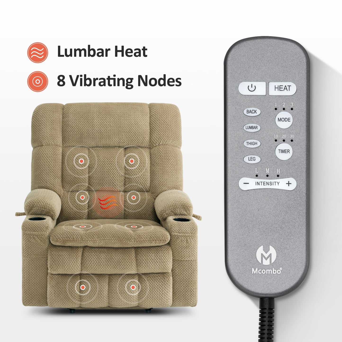 MCombo Oversized Power Lift Recliner Chair for Elderly, Dual Motor Lift Chair with Heat and Massage, Lay Flat Lift Chair for Big and Tall, Cup Holders, Fabric R7891 (Oversize, Beige)