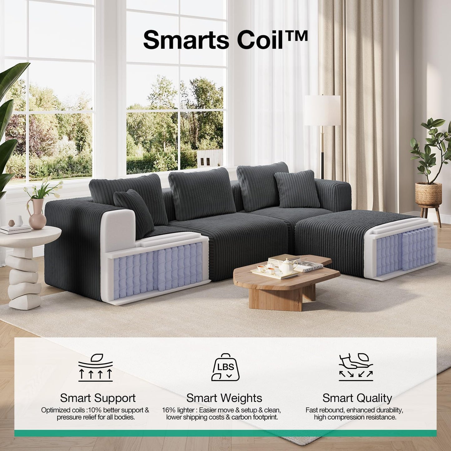 Novilla 106" Modular Sectional Sofa, Modern Cloud Sectional Couch with Smarts Coil® Support, L-Shape Boneless Couch for Living Room Apartments, No Assembly Required, Dark Gray (3 Seat w/ 1 Ottoman)