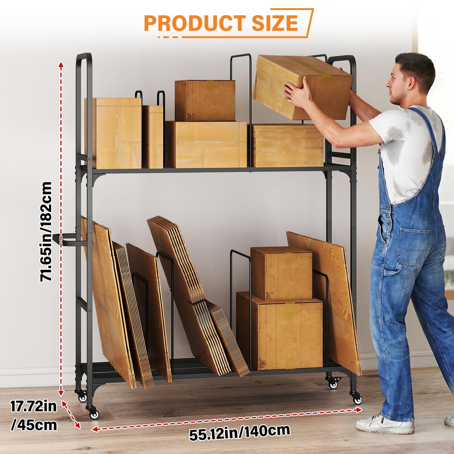 2-Tier Carton Stand, Metal Cardboard Box Organizer, Rolling Cardboard Box Stand, Heavy Duty Carton Storage Cart with Dividers, Shipping Boxes Cart with Wheels for Commercial Home Supermarket Warehouse