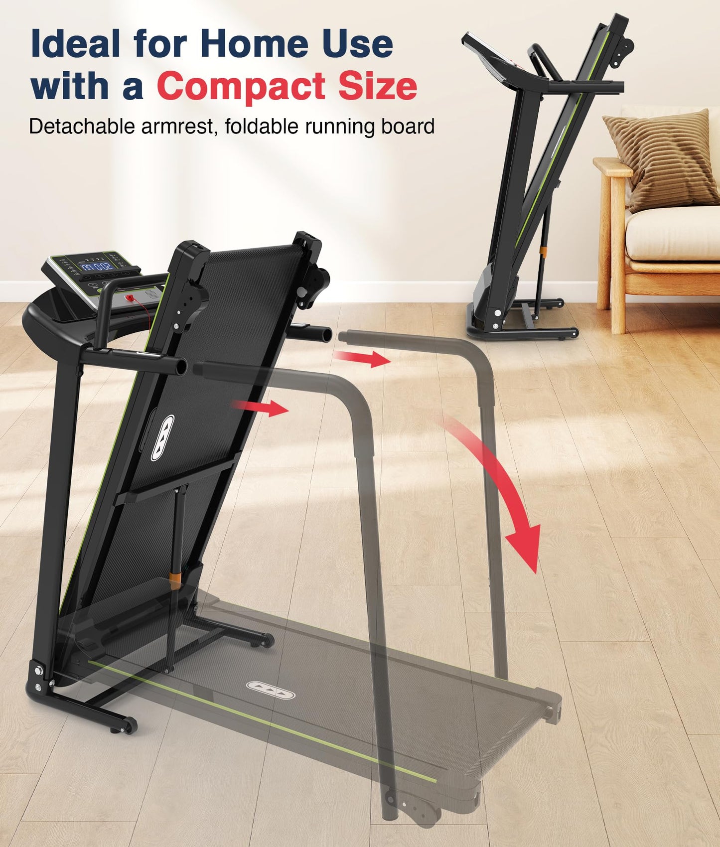 Redliro Walking Treadmill for Seniors with Long Handrails - 0.3 MPH Slow Start, 300 lb Capacity Recovery Foldable Treadmill for Home, 0–2% Incline Fully Flat, Auto Lubrication