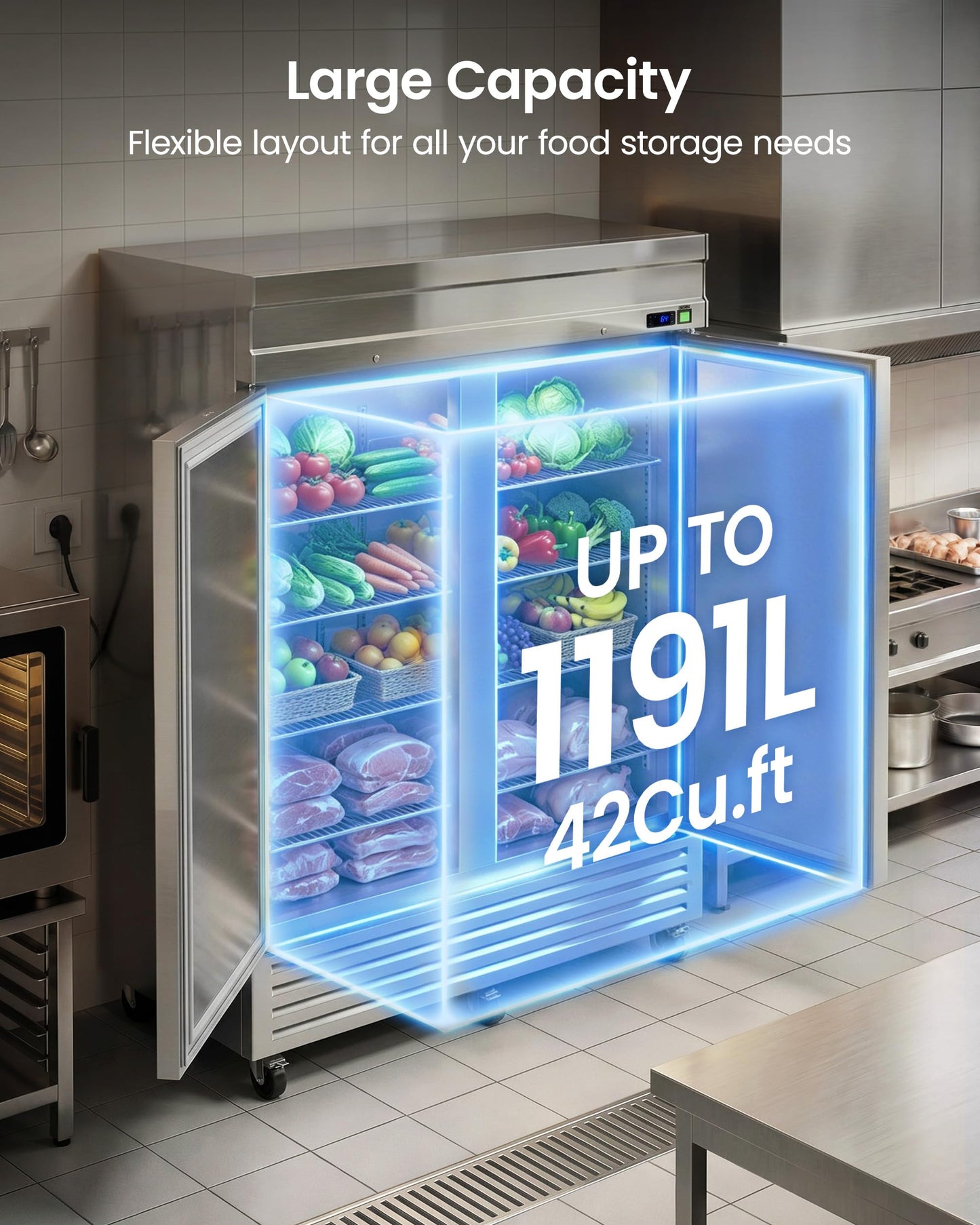 54" Commercial Reach-In Freezer, 42 Cu.Ft Upright Stainless Steel Freezer, 2 Solid Doors, Auto Defrost, -10°F to 10°F Temperature Range, Commercial Freezer for Restaurant, Bar, Shop