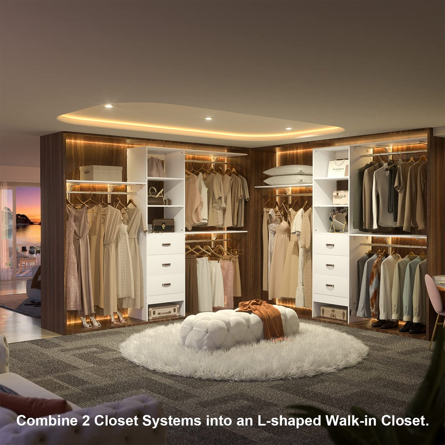 Armocity 96" Wood Closet System with 3 Enclosed Drawers & 3 Solid Shelves, 8FT Adjustable Closet Organizers and Storage, Heavy Duty Modular Wardrobe for Reach-In & Walk-In, 1000 LBS Load, White