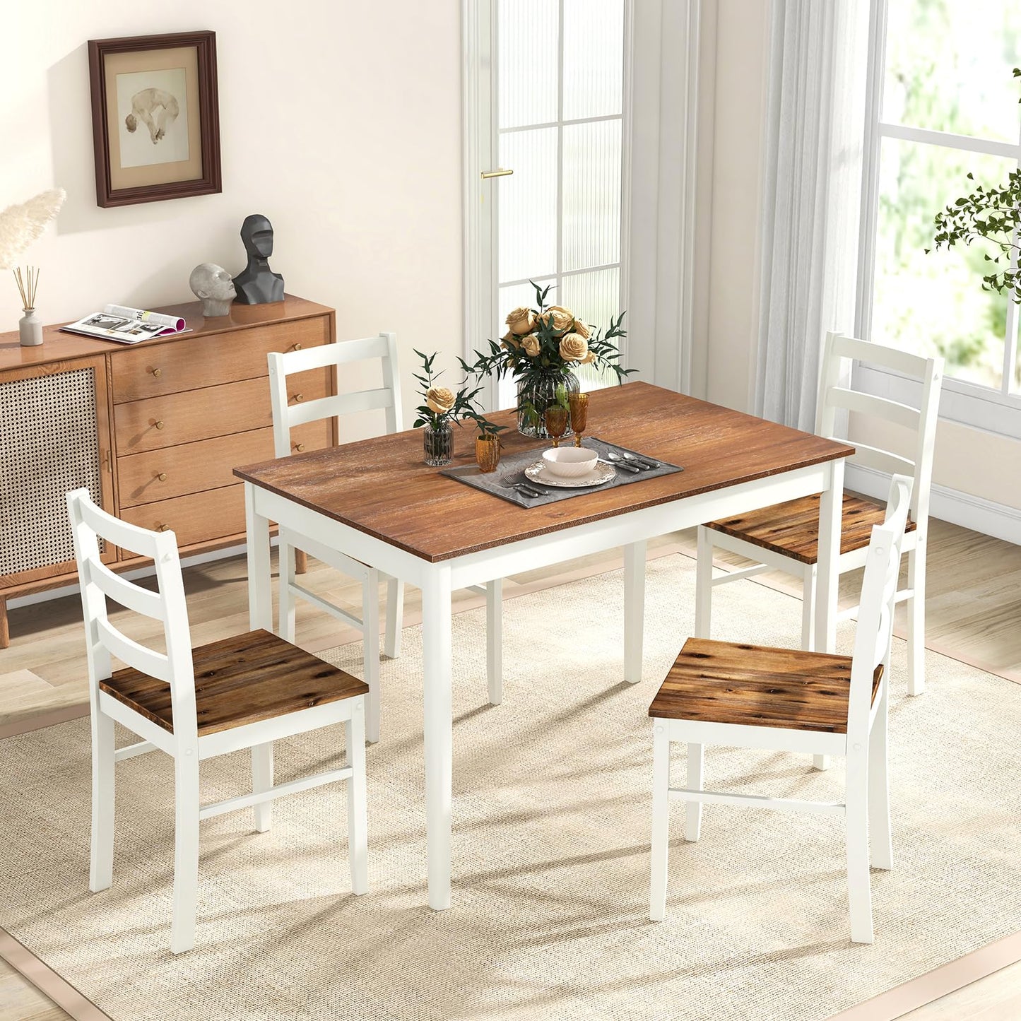 Tangkula Dining Table Set for 4, Solid Wood, Farmhouse Dinette Set w/Rubber Wood Legs, Mid-Century Modern, Compact Dining Table and Chairs Set for Kitchen, Dining Room (Brown+White)
