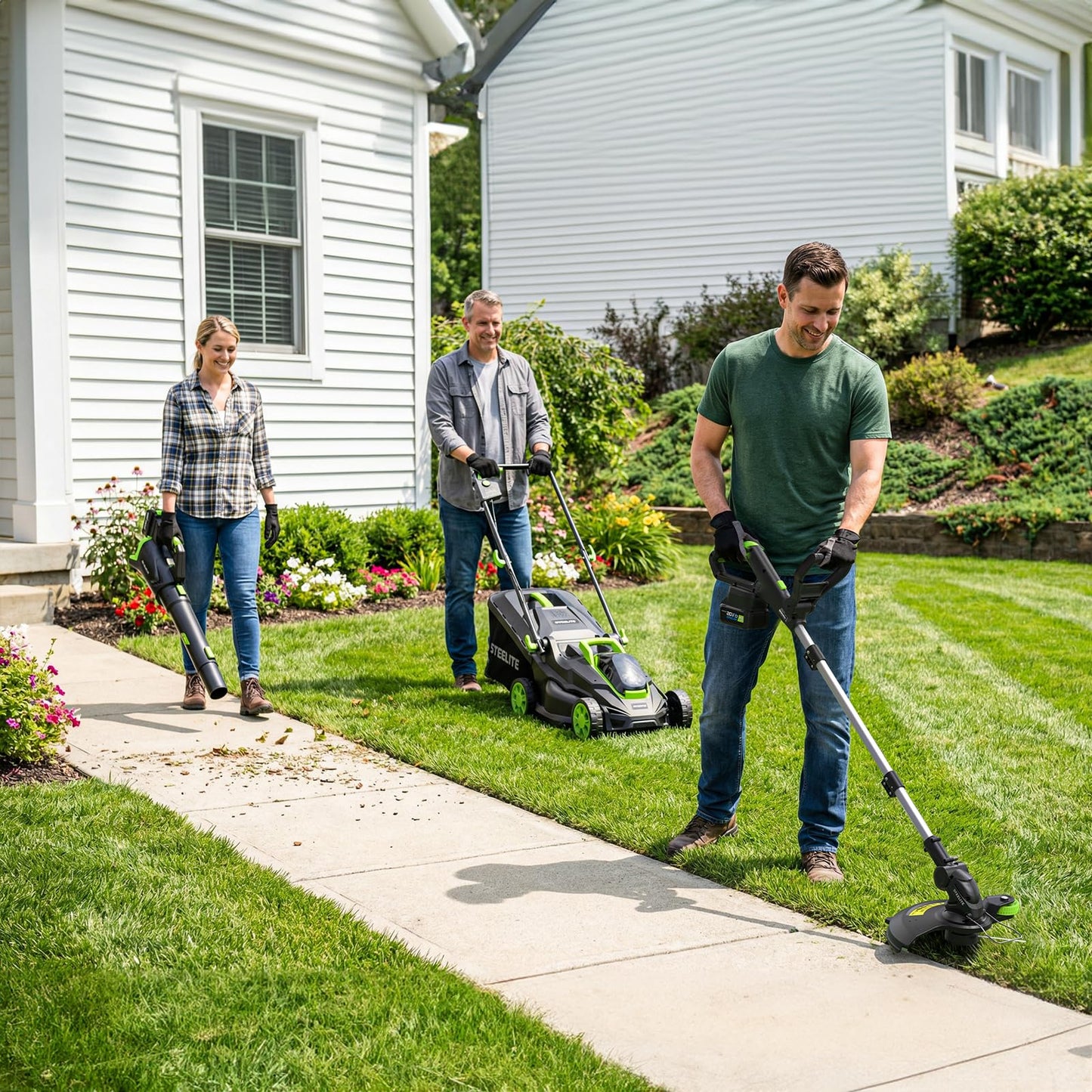 STEELITE 3-in-1 Cordless Lawn Mower, String Trimmer/Edger and Leaf Blower Combo, 20V Yard Tool Kit with 2 x 4.0Ah Batteries & 2 Chargers, 13 Inch Brushless Battery Powered Lawn Mower for Small Yards