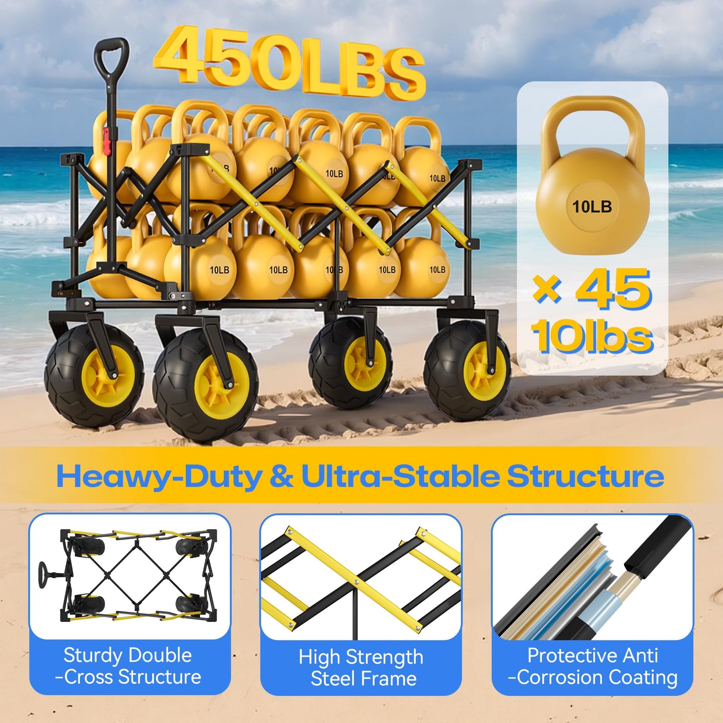 VELUVIA Beach Wagon with Balloon Wheels for Sand - 450LBS Heavy Duty Foldable All Terrain Wagon with 9" Balloon Tires- Collapsible Beach Dolly with Adjustable Handle & Cooler Bag for Beach - Black