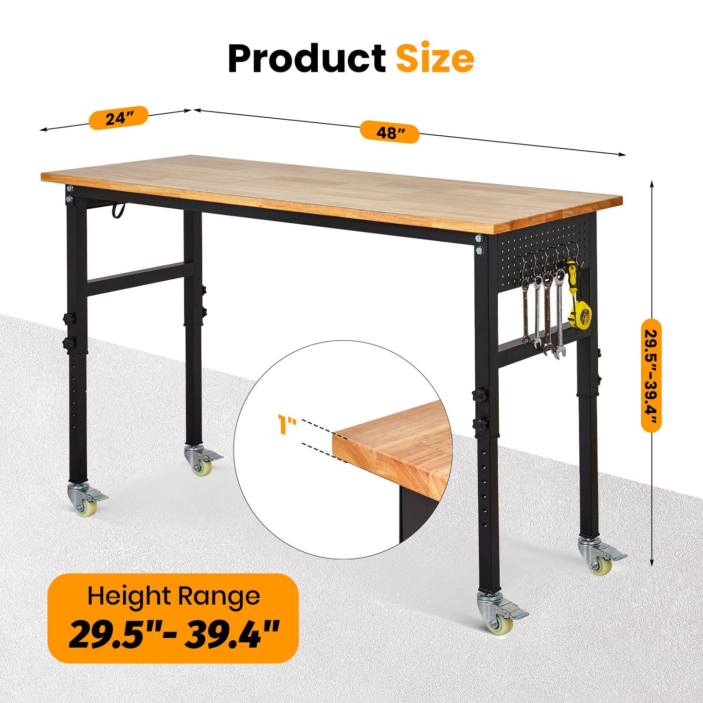 48" Adjustable Workbench with Power Outlet, 2000 Lbs Heavy Duty Work Table, 29.5"-39.4" Height Adjustable Workbench with Wheels & Pegboard, for Garage Office Workshop Home Commercial