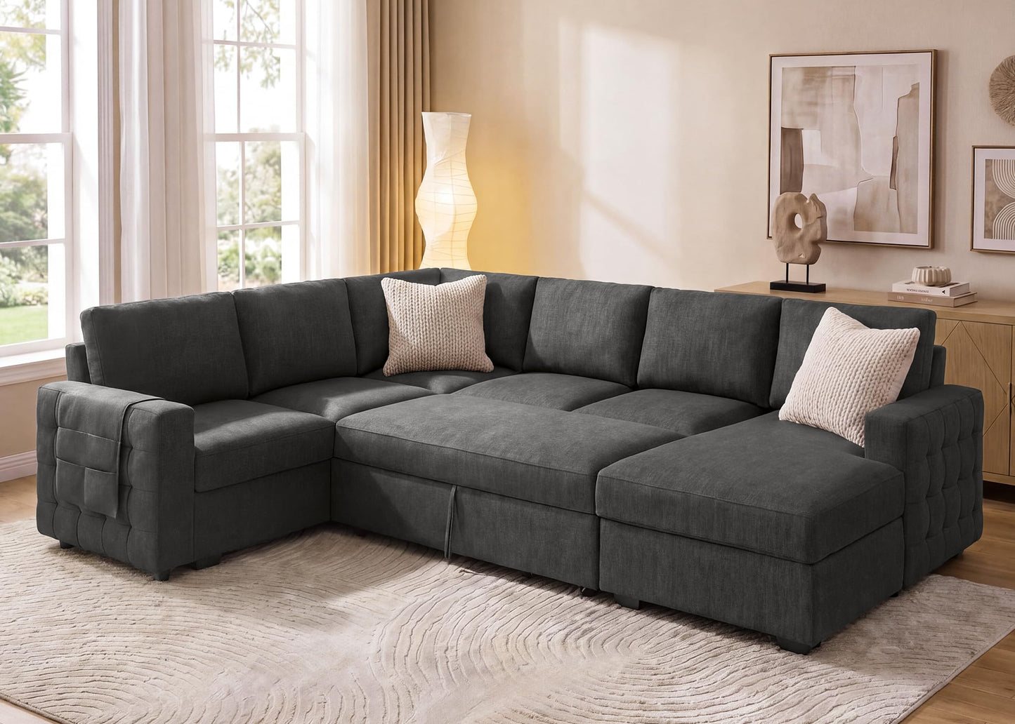 HONBAY Sectional Sleeper Sofa with Pull-Out Bed Storage Chaise, 6 Seater Couch for Living Room, Middle Grey