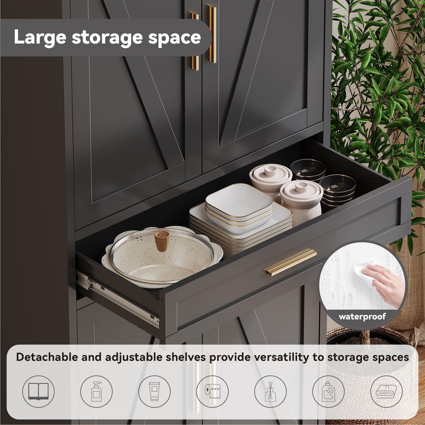 Baborokic 71" Tall Metal Storage Cabinet with Drawer and Adjustable Shelves,Farmhouse Kitchen Pantry Storage Cabinet with Doors,Large Wide Cabinets for Craft Room,Office,Dining Room,Kitchen(Black)