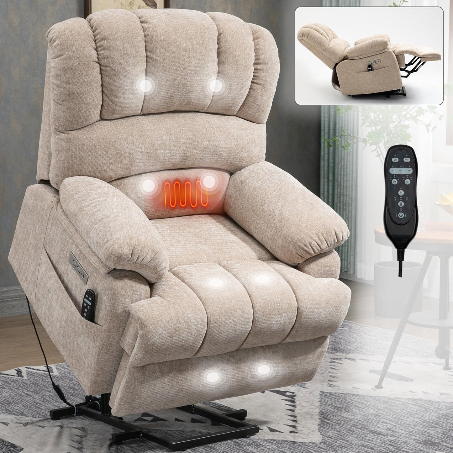 KEIKI Large Power Lift Recliner Chair with Wide Seat and Remote for Big and Tall, Soft Fabric Finish with Vibration Massage and Lumbar Heating