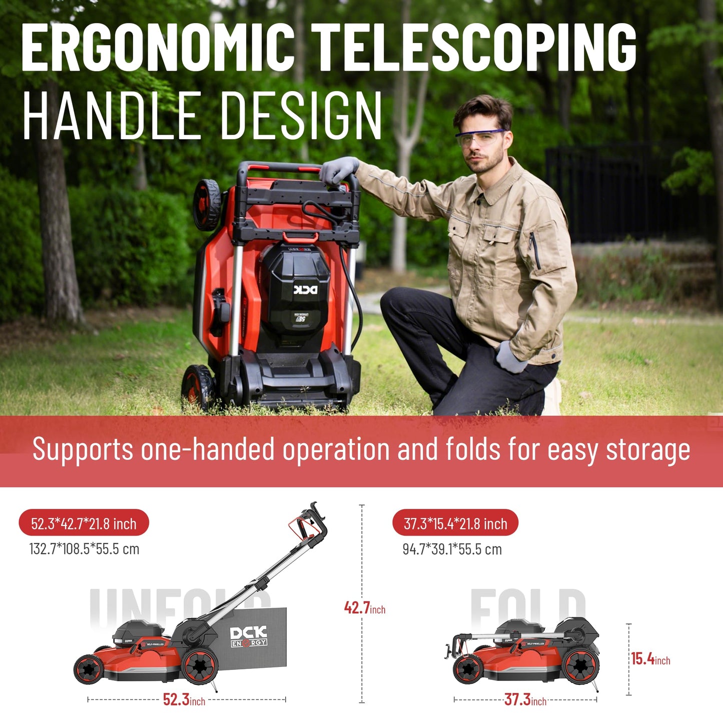 DCK 58V 21" Self-Propelled Lawn Mower 3-in-1 (Mowing/Collecting/Mulching), 7 Cut Heights, Foldable, LED Light, Upgraded Brushless Motor, 6.0Ah Battery & Charger