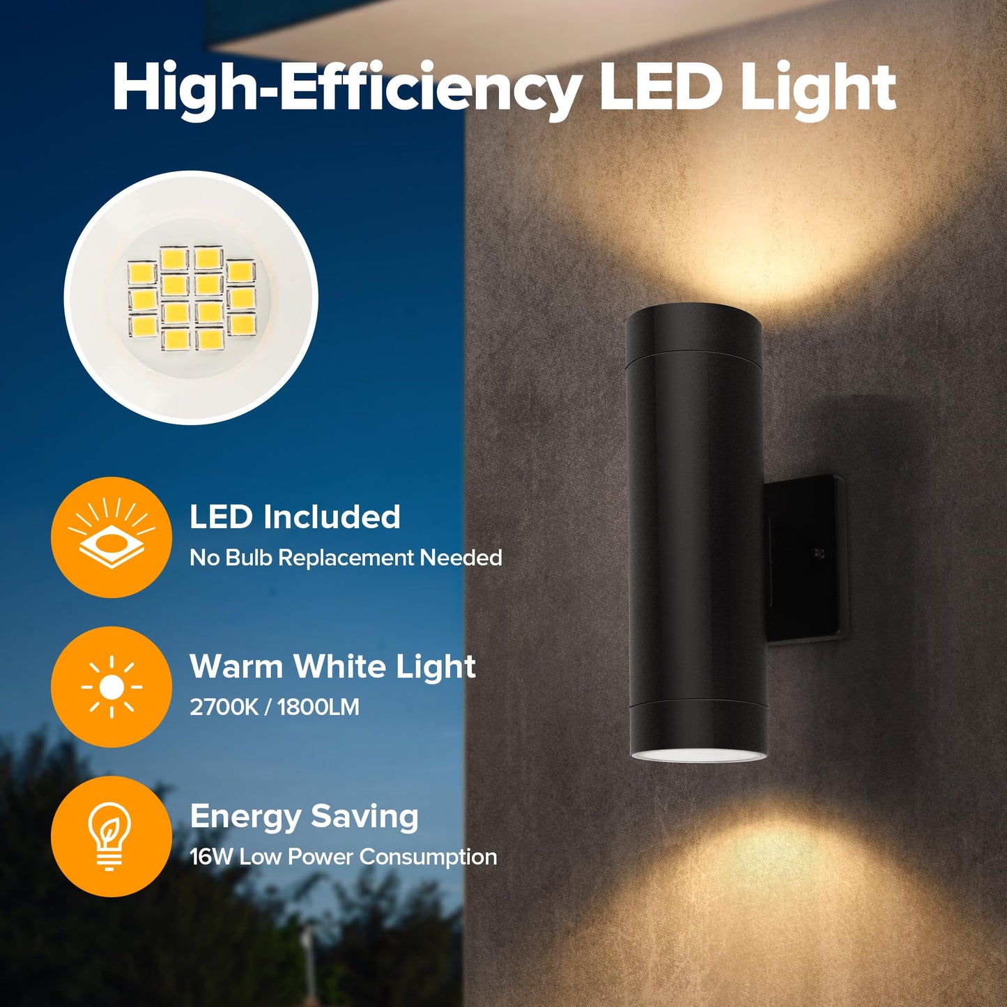 LUTEC Outdoor Wall Light, Integrated LED Cylinder Sconce, 16W 3000K, Waterproof Aluminum, Modern Matte Black, 2 Pack