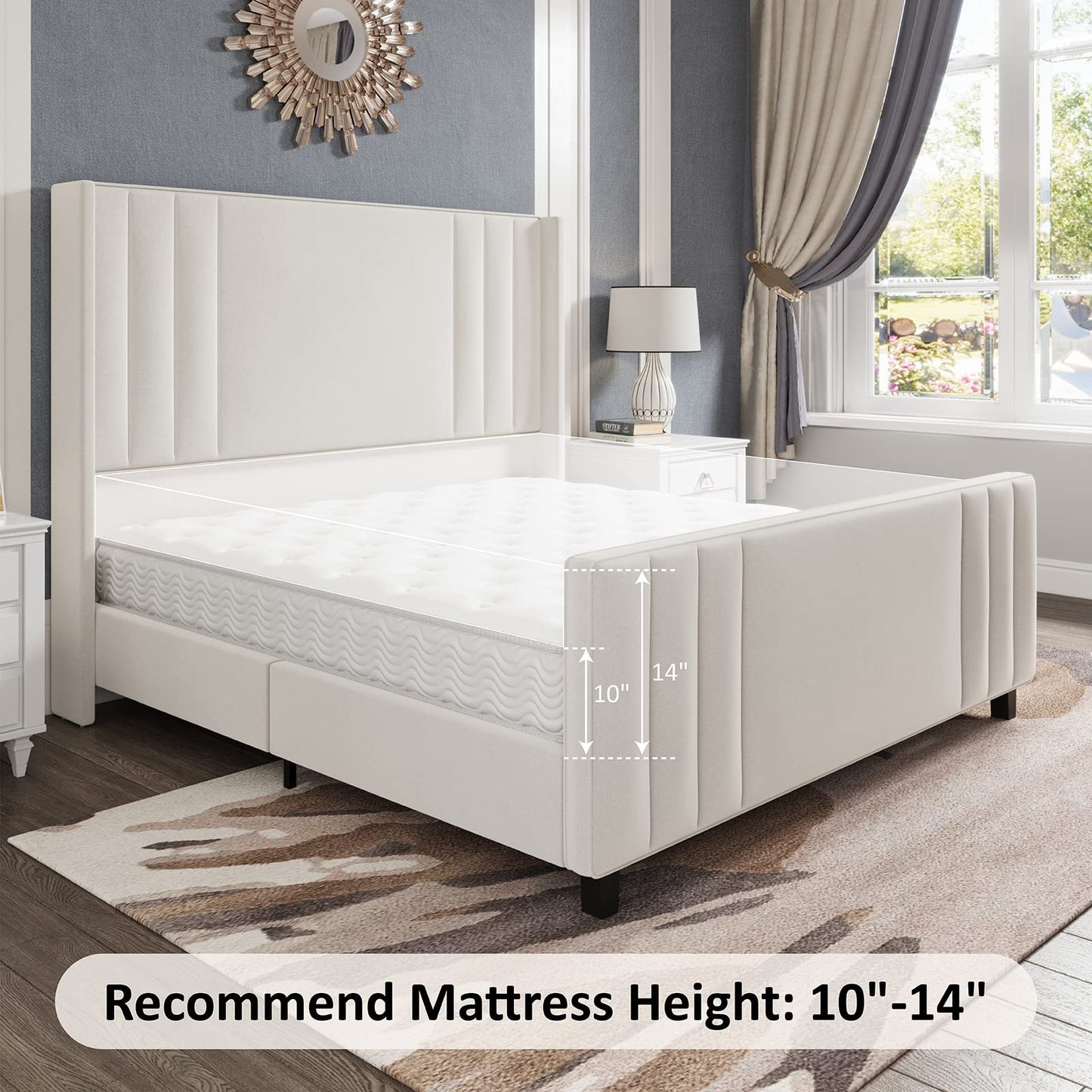 Albott Queen Size Platform Bed Frame, Upholstered Bed with Vertical Channel Tufted Wingback Headboard & Footboard, Premium Velvet, No Box Spring Needed, Cream