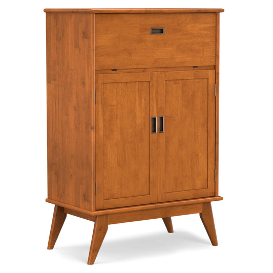 SIMPLIHOME Draper Bar Cabinet - 32 inch Wide Solid Hardwood Beverage Cabinet in Teak Brown, Mid-Century Modern Wine Storage for Dining Room or Kitchen with Drop-Down Shelf and Stemware Rack