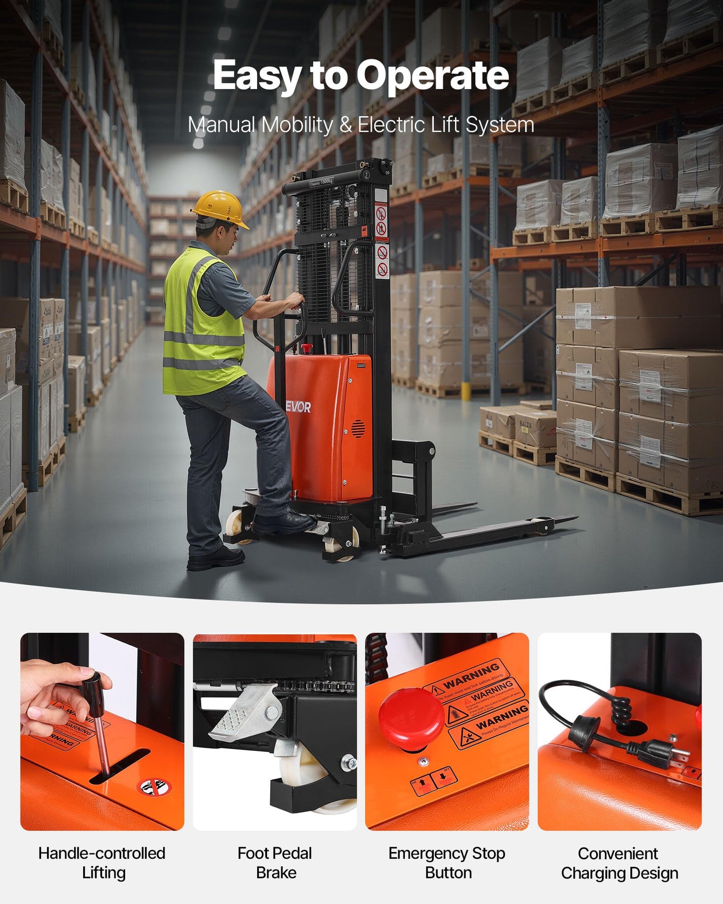 VEVOR Semi Electric Pallet Stacker, 3300 lbs Capacity, 98.42'' Lifting Height, Pallet Lift Stacker Forklift with Straddle Legs & Forks, 8.66-31.1 Inches Adjustable Fork Width, Orange & Black