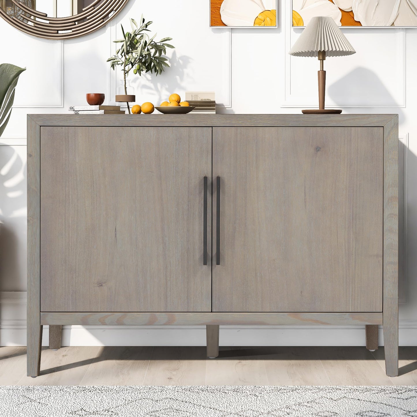 Merax Wood Farmhouse Buffet Sideboard with Metal Handles and 2 Doors, Coffee Bar Storge Cabinet Console Table for Living Room Bedroom Kitchen Hallway Gray