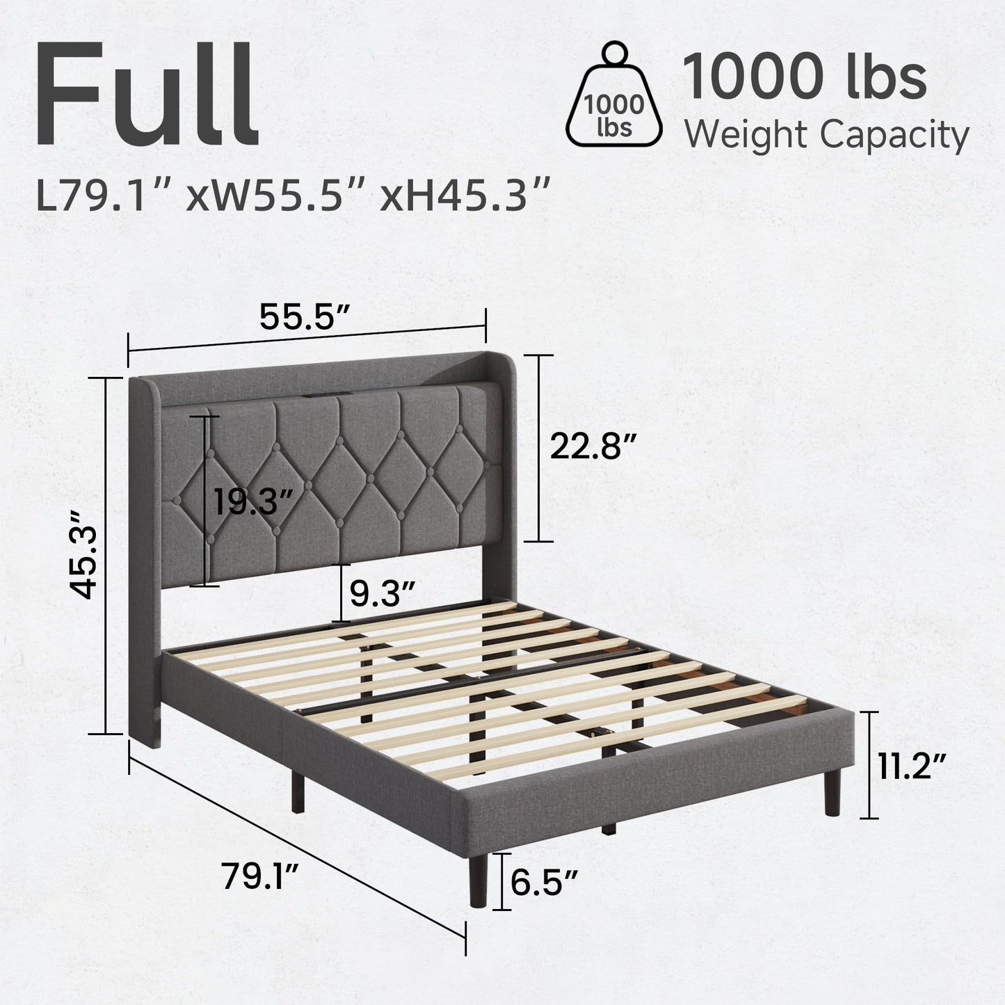 Lcwtvgxr Full Size Bed Frame with Diamond Tufted Linen Headboard & Storage Shelf, Space-Saving Platform Bed with Wood Slats & Sturdy Metal Frames, No Box Spring Needed, Easy Assembly, Gray