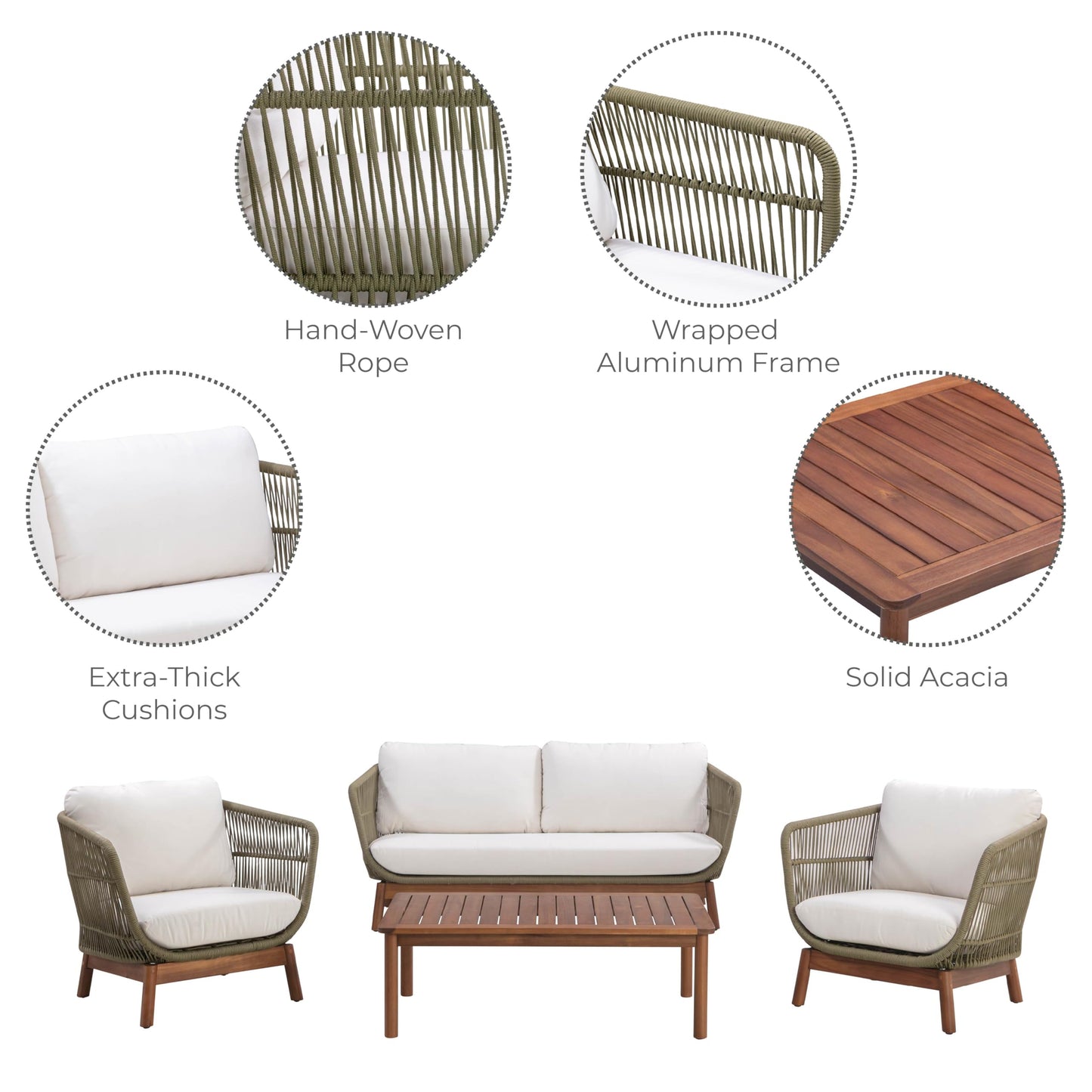 Teamson Home 4-Piece Outdoor Patio Furniture Set with Handwoven Rope, Acacia Wood Coffee Table, Weather-Resistant Cushions, and Aluminum Frame – Natural Brown & Sage Green