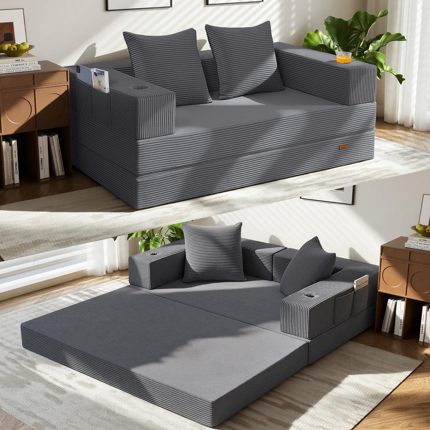 COMAX Futon Sofa Bed, 4‑in‑1 Convertible Sofa Bed, Folding Boneless Couches for Living Room, Fold Out Small Foldable Loveseat Floor Sleeper Comfy Mattress Lounge Space‑Saving, Grey